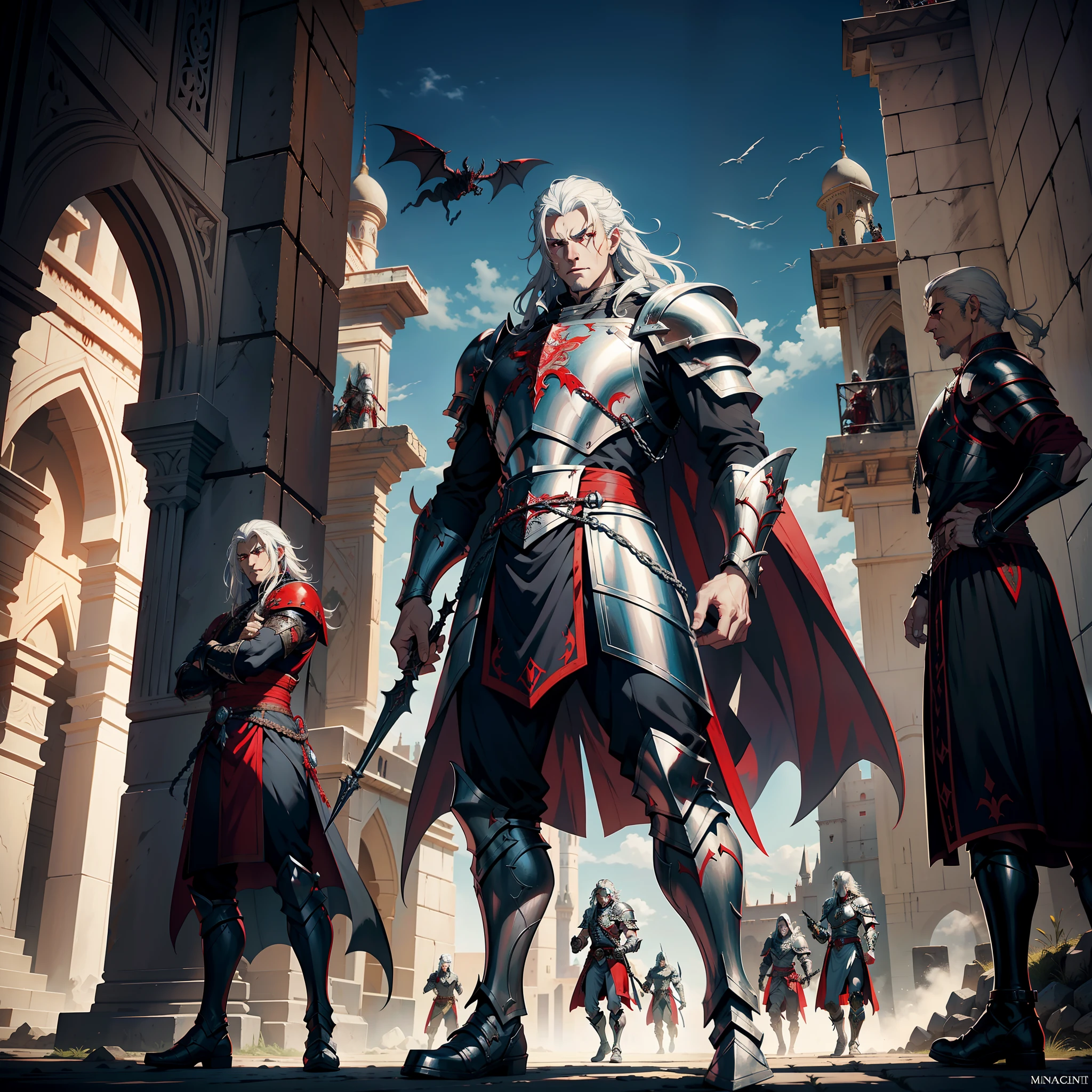 Lord Dracula white-haired red eyes muscular handsome warrior wearing armor Medieval Moroccan Islamic Returning to His Islamic Castle Victorious architecture with his troops armed demon at noon hyper realistic super detailed Dynamic shot centerpiece cinematic scene scenes movie Epic Legendary correct proportions Anatomy correct poses