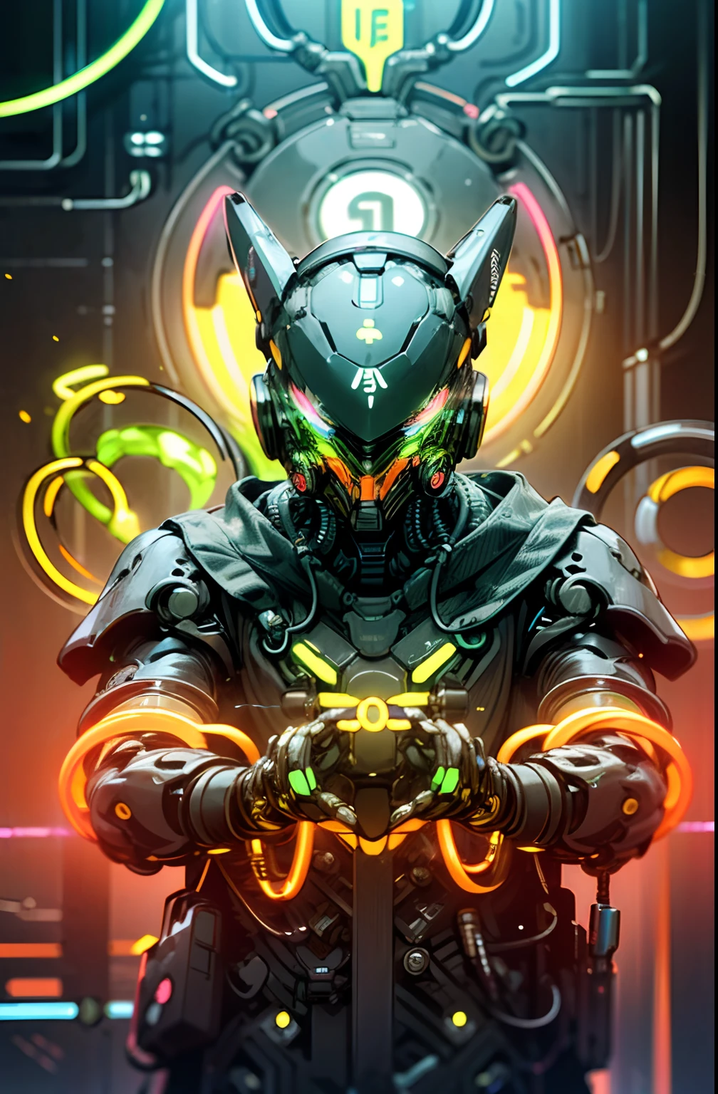 Cascos、(Gas masks:1.3)、(Neon rings:1.8)、(Neon cables:1.2)、(con capucha:1.2)、(((ejercicio)))、colorido、cyberpunked、(fantasy sword)、((1hombre))、Mechanical Marvel、robot、(((obra maestra、highest qualityr、Beautiful、Ultra-detallado))) splash