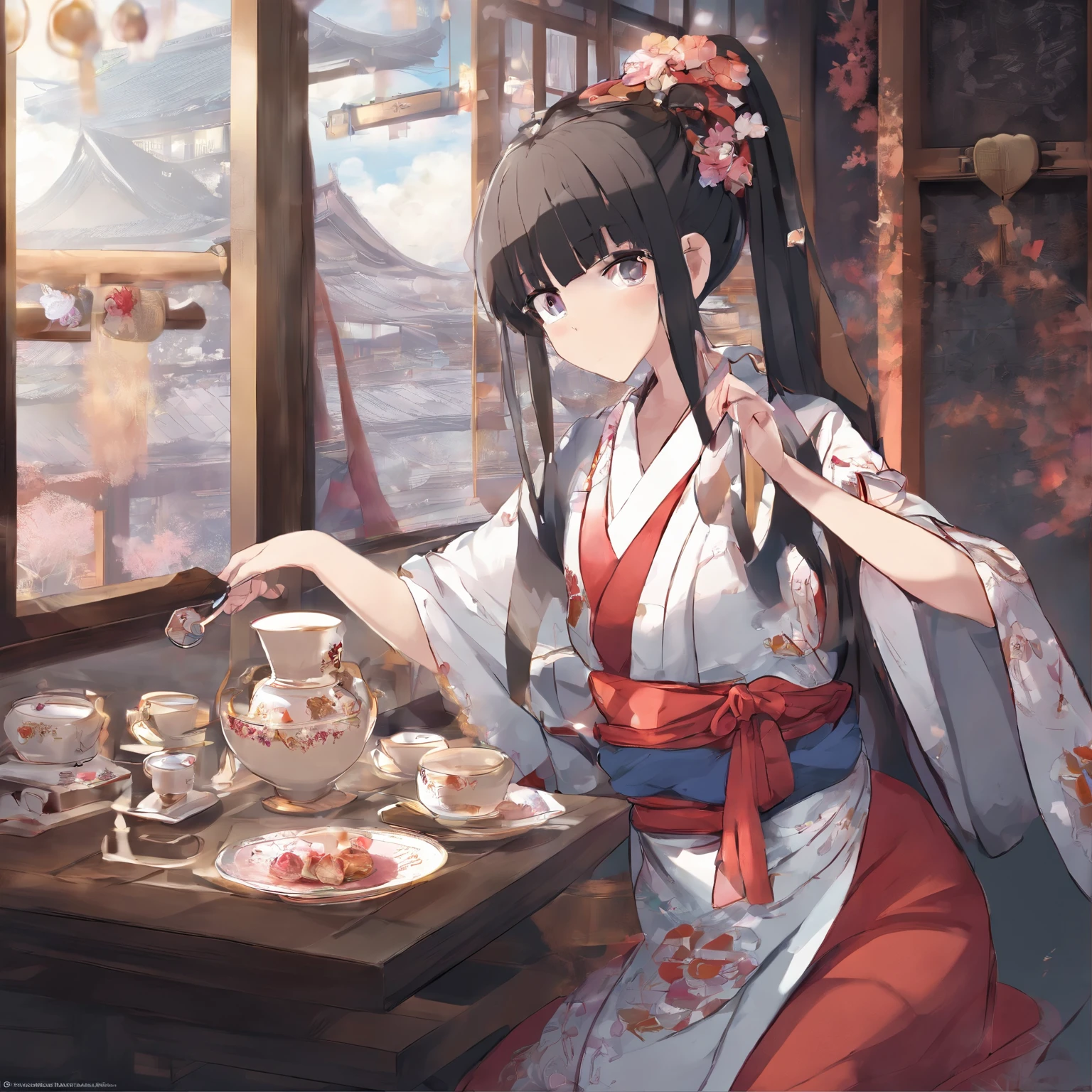 Detailed background(tea shop(The cityscape of Kyoto seen outside the window)),Laid on the table(a cake).Hold it in your right hand(cups＆saucer),BREAK,Put it in your mouth(a cake),BREAK,elaborate costume{Luxury kimono(Colorful kimono(Detailed golden embroidery,))}、(Japanese Idol(actress):1.2)(face perfect:1.2),Depicting a beautiful and classy adult woman。glossy dark hair(poneyTail),Heart in the eye。 Wallpapers 16K, .Blur the background with a sickle,((masutepiece)), ((Best Quality)),{{a portrait photo of}},full body Esbian