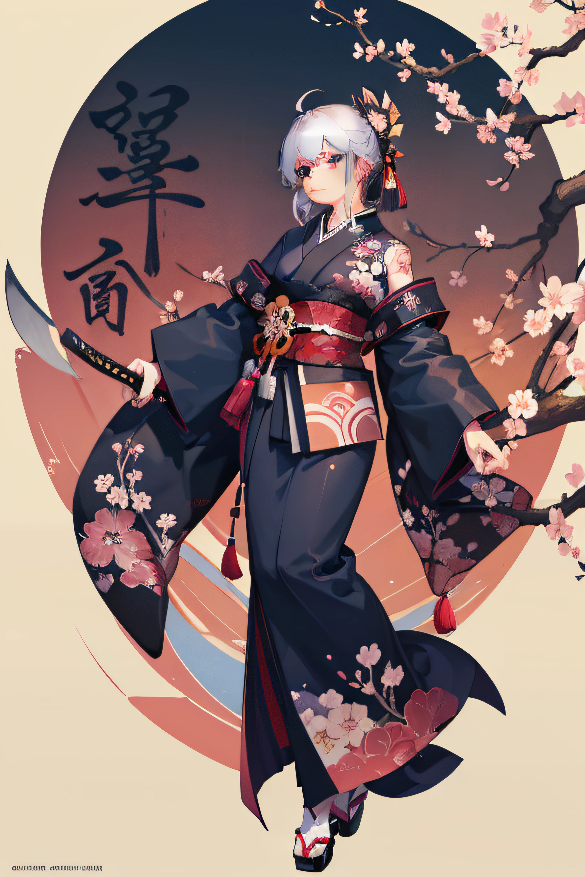 (Masterpiece, Best Quality), 8k Wallpaper, highly detailed, sexy female ronin, samurai, cherry blossom flowers border, japanese tattoos,  katana, japan, night, moonlight, vector style art, erotic, movie poster style, lettering.