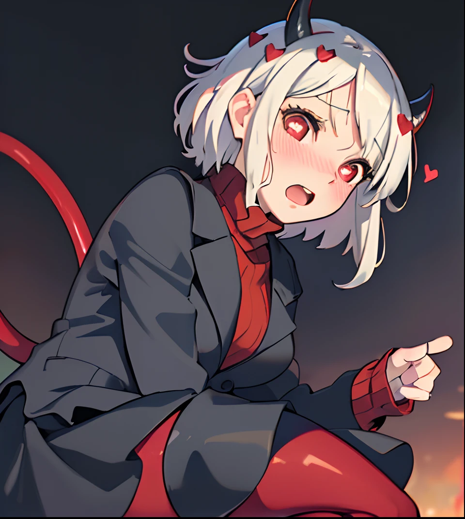 (masterpiece, best quality:1.2), cowboy shot, solo, 1girl, htmodeus, blush, open mouth, looking at viewer, heart-shaped pupils, formal, white medium short hair, little black horns, daemon tail, black jacket, red sweater, turtleneck, sleeves past wrists, black skirt, red pantyhose(twists, high detal, Film photography, Soft focus, RAW candid cinema, Photorealism, Realistic, Photorealistic, analogue style, Subsurface scattering, masutepiece