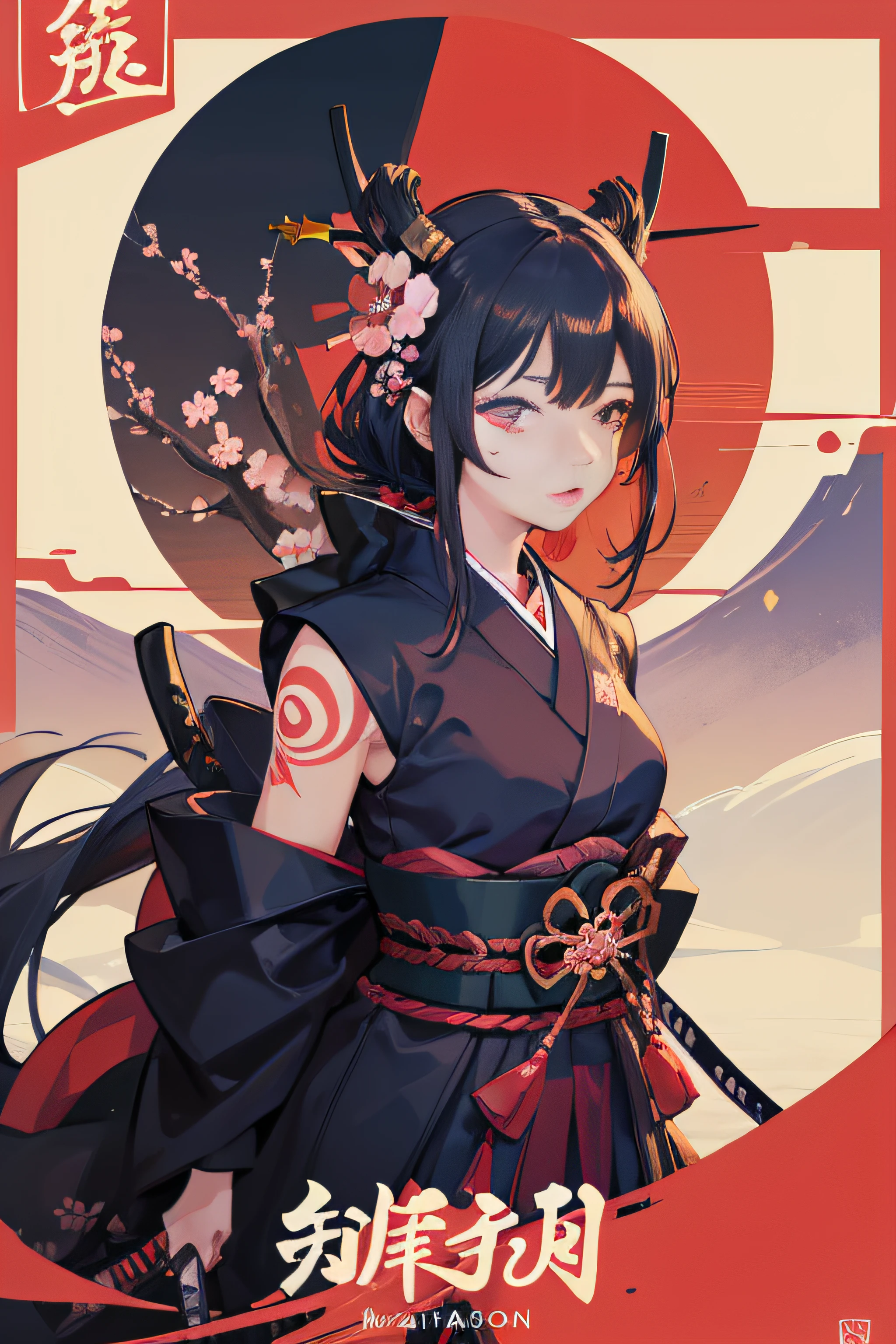 (Masterpiece, Best Quality), 8k Wallpaper, highly detailed, sexy female ronin, samurai, cherry blossom flowers border, japanese tattoos,  katana, japan, night, moonlight, vector style art, erotic, movie poster style, lettering.