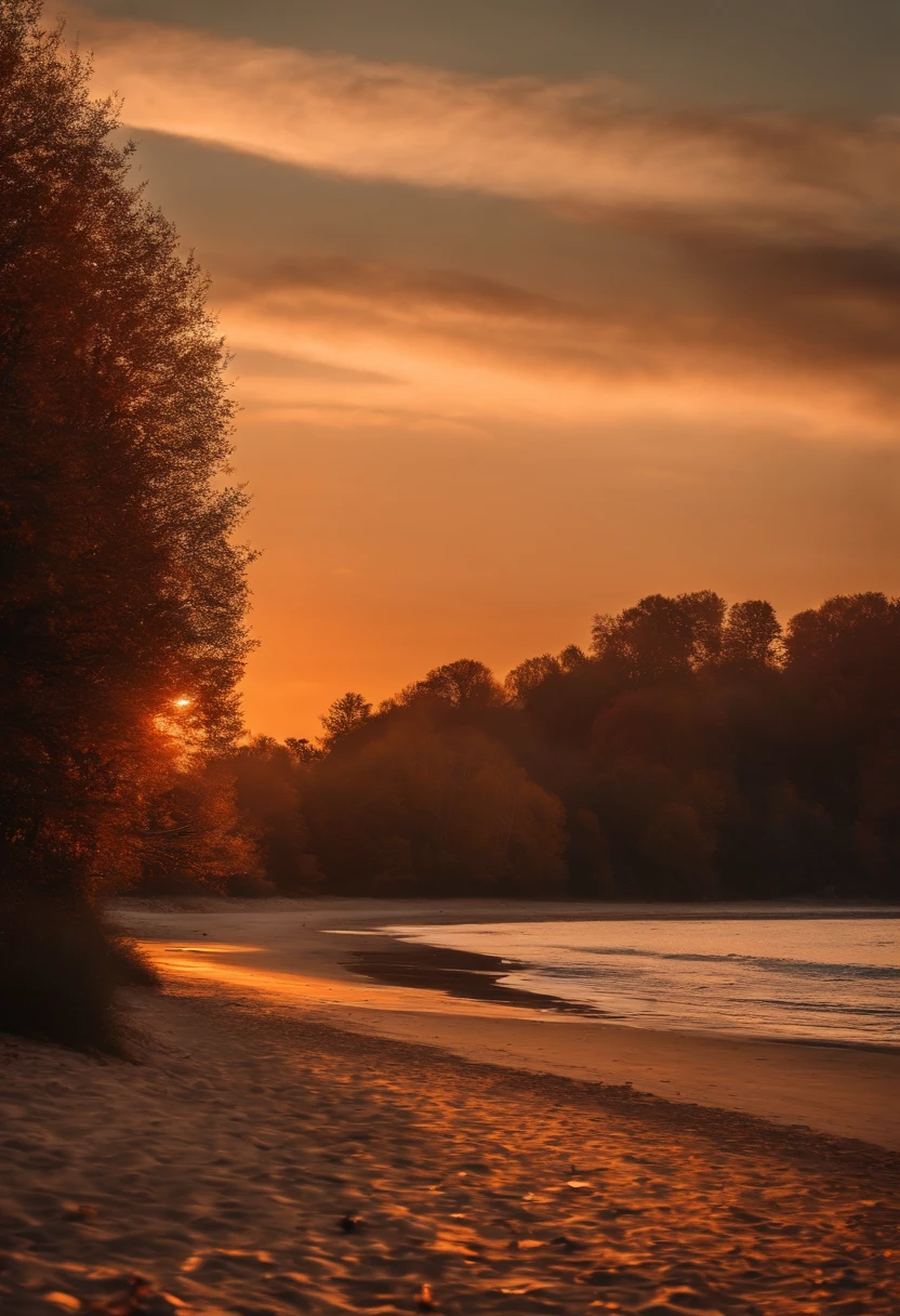 An autumn beach, with an autumn sunset, the most beautiful sunset in history.