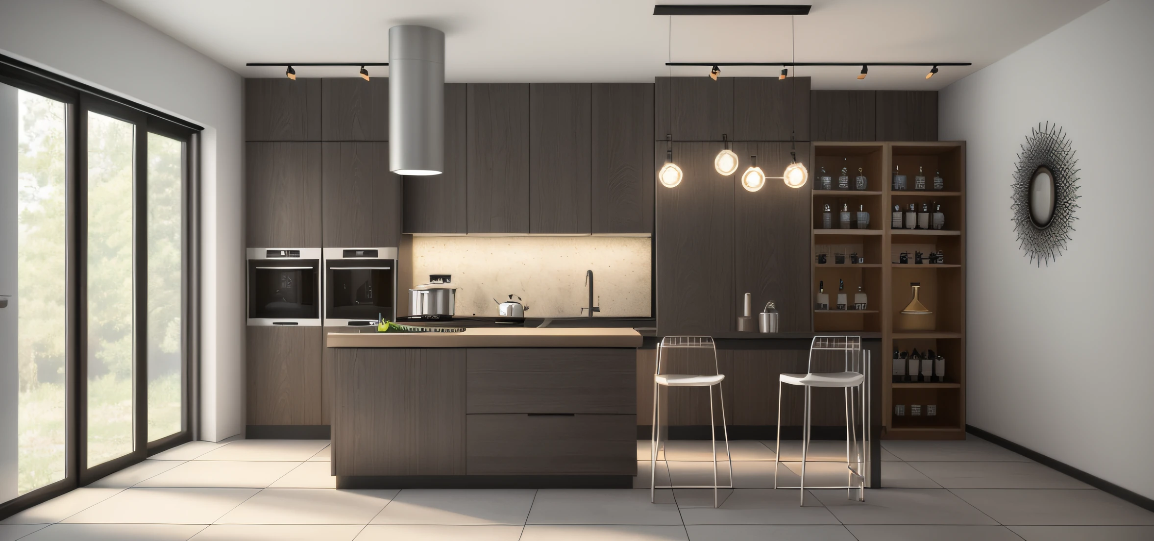 a rendering of a kitchen with a bar and a dining table, in style of 3d render, dark kitchen, 2 d render, with photorealistic lighting, 2 d cg, professional 3d render, insanely detailed rendering, enscape render, rendered in enscape, photorealistic style, concept eclectic, realistic 3 d style, 3d rendering, 3 d rendering