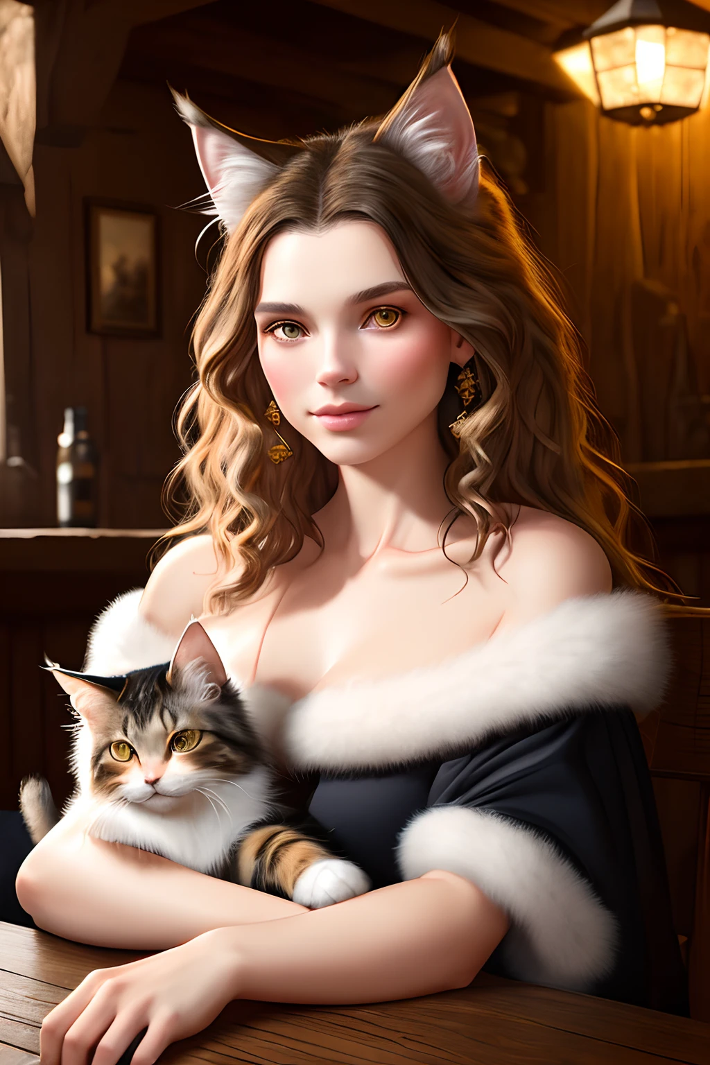 modelshoot style, 8k, portrait of a cute maine coon cat sitting on a wooden table in a medieval tavern, detailed fur, trending on ArtStation, trending on CGSociety, Intricate, High Detail, Sharp focus, dramatic lighting, digital painting, digital art, by artgerm, by Liang Xing, by WLOP