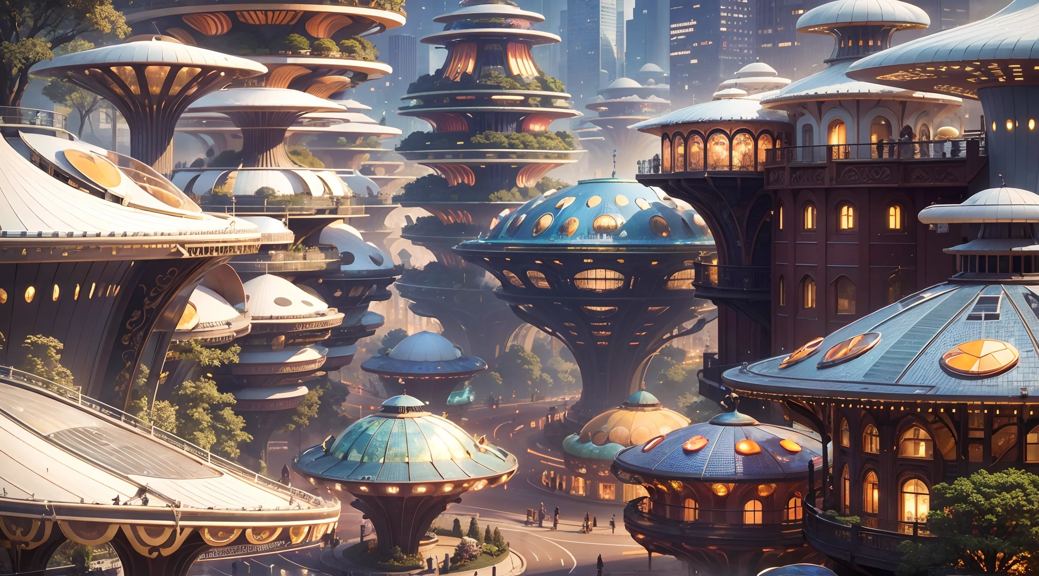 High quality,(Photorealistic,Realistic:1.37),Vibrant colors,Mushroom-shaped building,organic shapes,curves,Glass facades,shiny reflective surfaces,Geometry is in harmony with nature,A fusion of art and function,Illuminated at night,Brilliant light display,futuristic vibe, Lively atmosphere, Bustling streets,Pedestrians and vehicles in motion,Elevated walkway,Juxtaposition of nature and civilization,Celebrate creativity and human ingenuity