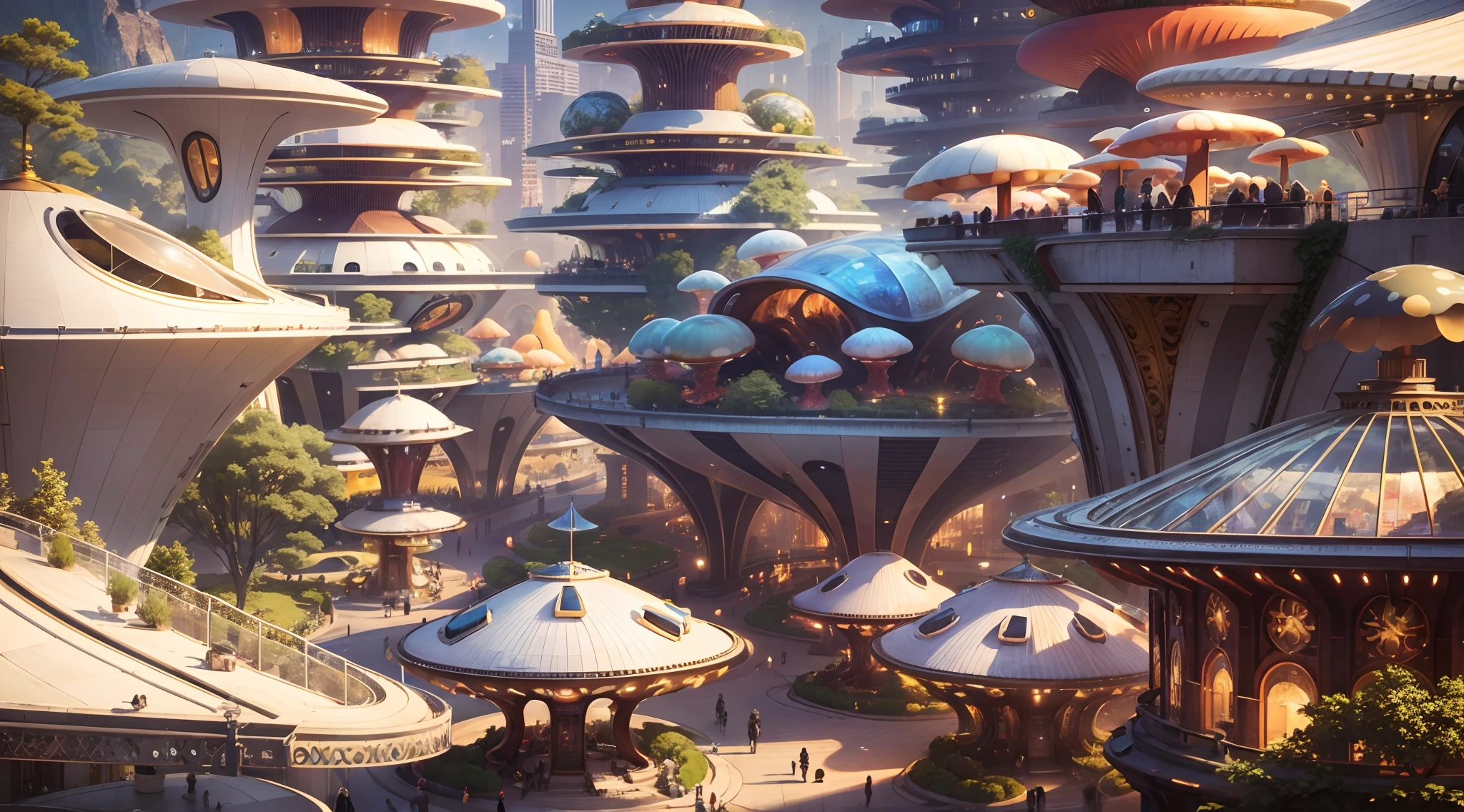High quality,(Photorealistic,Realistic:1.37),Vibrant colors,Mushroom-shaped building,organic shapes,curves,Glass facades,shiny reflective surfaces,Geometry is in harmony with nature,A fusion of art and function,Illuminated at night,Brilliant light display,futuristic vibe, Lively atmosphere, Bustling streets,Pedestrians and vehicles in motion,Elevated walkway,Juxtaposition of nature and civilization,Celebrate creativity and human ingenuity