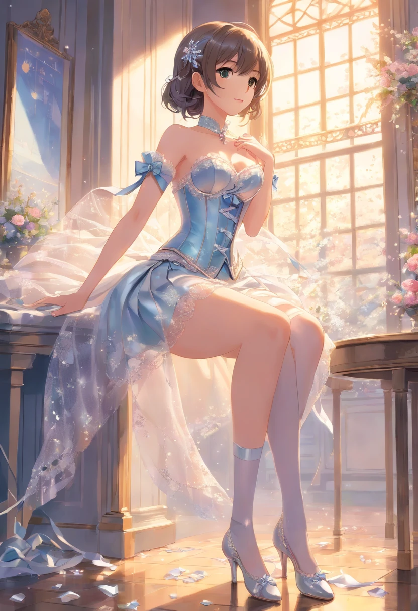 The feeling of the silk was a revelation--I had never felt anything so fine on my legs before--and the white satin garters that secured the stockings in place were every bit as pretty as the corset that was still tightening around my waist. No, “pretty” wasn’t the right word, I thought, looking down and noticing the seed pearls woven into the silver lace on the still-tightening corset; “splendid” would be better. The stockings now on, the breeze finally began to lower me gently to the floor again--or rather, to lower me into the silver high-heeled slippers that had appeared on the floor. The shoes were definitely splendid--the heels sparkled with tiny diamond chips, and pearls were embroidered all around the instep. Two large diamond buckles served as the centre of the silver bows that completed the picture. Yes, everything I was wearing was splendid--far too splendid for the likes of me.