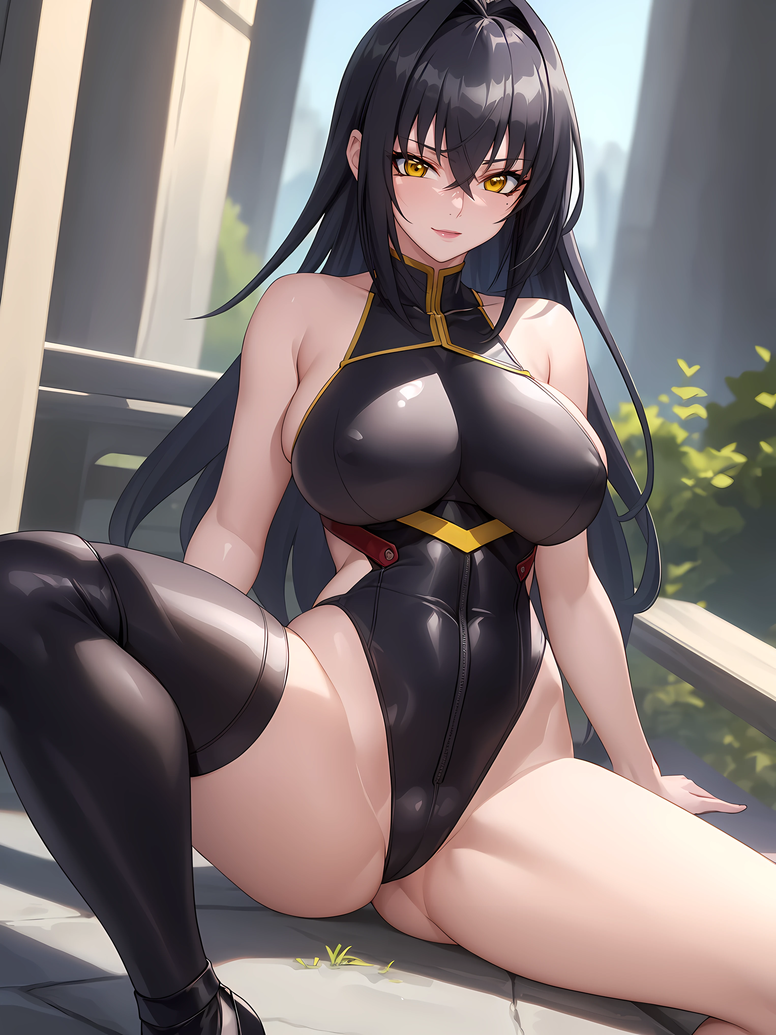 (masterpiece:1.4),(best quality:1.4), soft lighting, cinematic bloom, beautiful face, beautiful eyes, 1girl, solo, female mature, black hair, long hair, (yellow eyes:1.4), large breasts, black leotard, ((natural environment, bright day)), hair intakes, exquisite eyes detail, exquisite character design unity details 8k hdr, professional art, landscape, (solo:1.5, 1girl:1.4), sexy body, milf, 35 years old girl, big thighs, sexy waist, seductive, sitting, spread legs, legs straddle