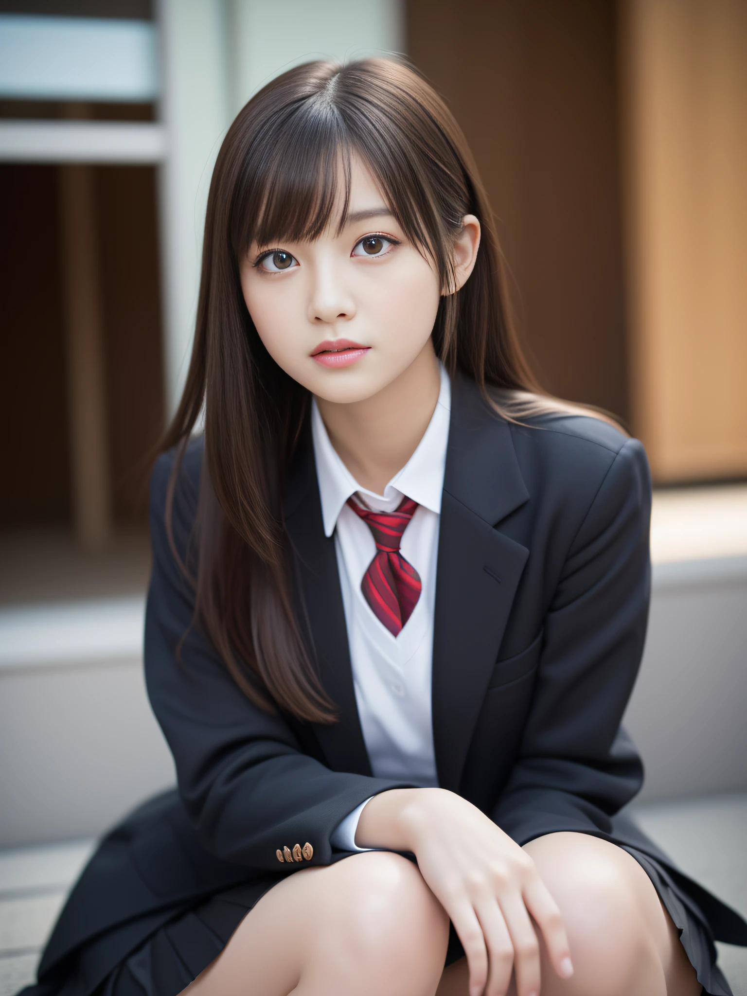 1young girls, Extremely beautiful, (Extremely cute), (extremely detailed beautiful face), Amazing face and eyes, dark brown hair, Brown eyes, drooing eyes、no-makeup、(Japan High School Uniforms, Long Sleeve Blazer、Pleated mini-skirt:1.3), (high-school uniform:1.2), , (Best Quality:1.4), (Ultra-detailed), extremely detailed CG unified 8k wallpaper, A hyper-realistic, (Photorealsitic:1.3), RAW Photos, professional photograpy, Cinematic lighting, Realistic portrait, Sitting, (Spread your legs wide), (:1.3), ((Bokeh)), depth of fields, View from below、Looking here、outside of house