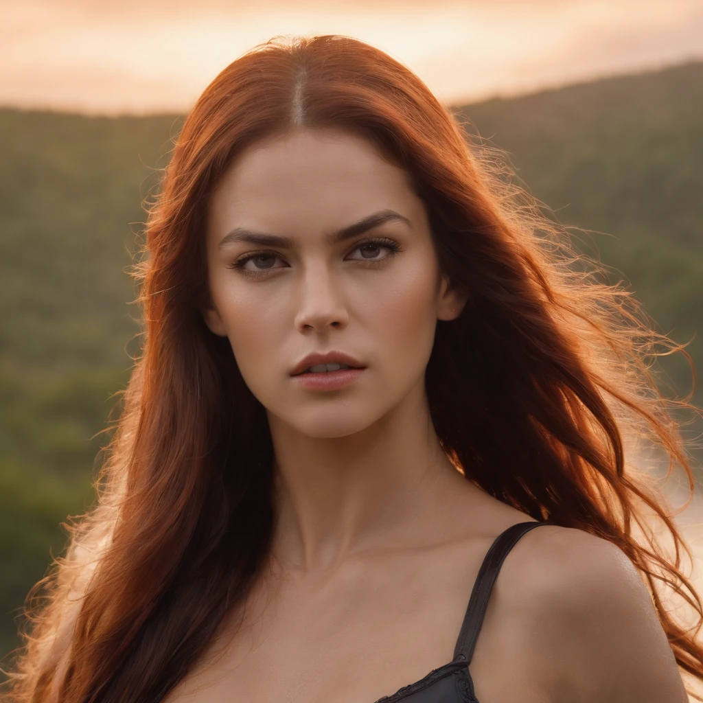 Features soft, shiny heroines, ((HeroNA rough epicHEROINE wet angry looking long hair fierce expression in dynamic pose, fantastic location, EM CIMA DE UMA MONTANHA OLHSNDO PARA O POR DO SOL majestoso ambiente desordenado))