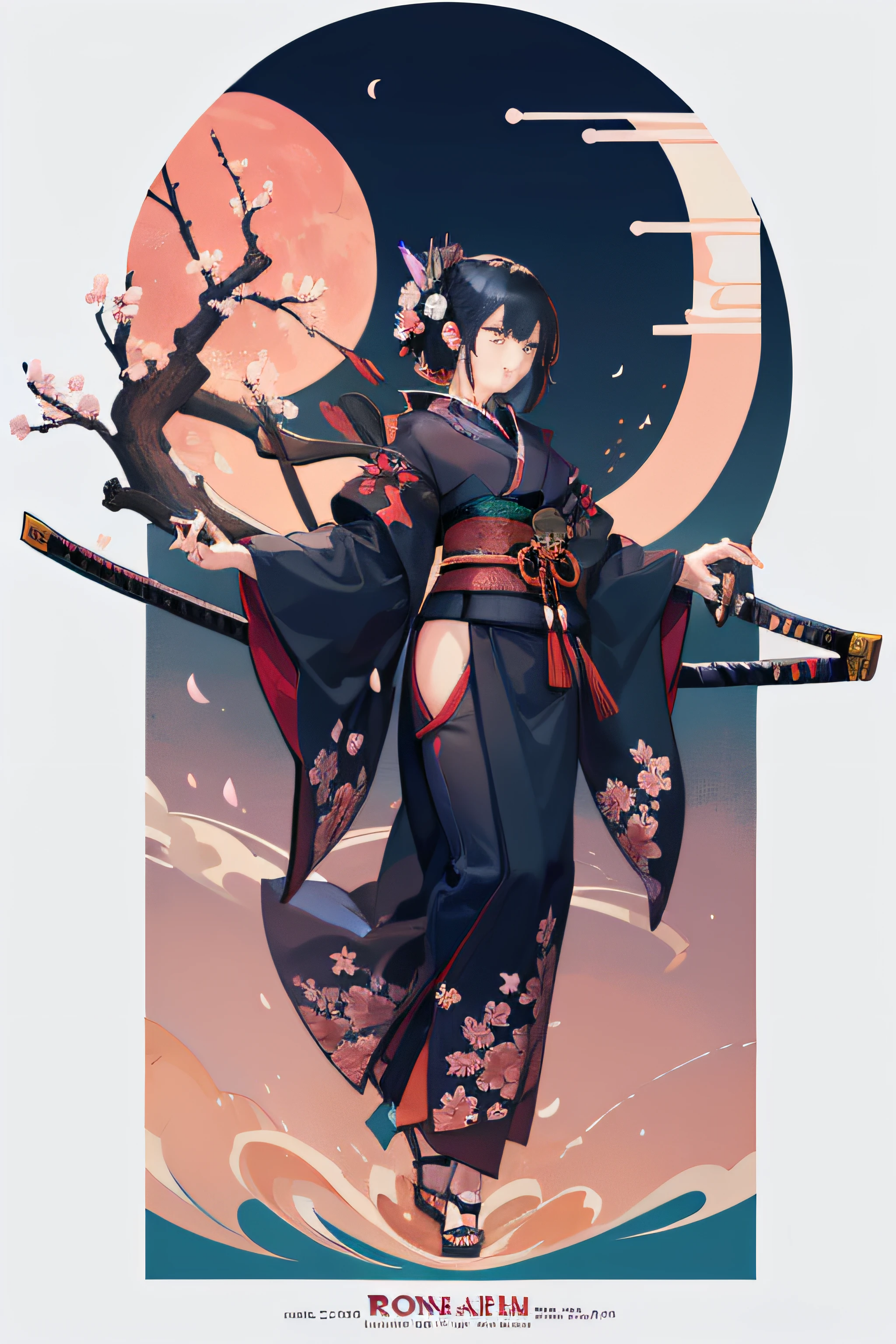 (Masterpiece, Best Quality), 8k Wallpaper, highly detailed, sexy female ronin, samurai, cherry blossom flowers border, japanese tattoos,  katana, japan, night, moonlight, vector style art, erotic, movie poster style, lettering.