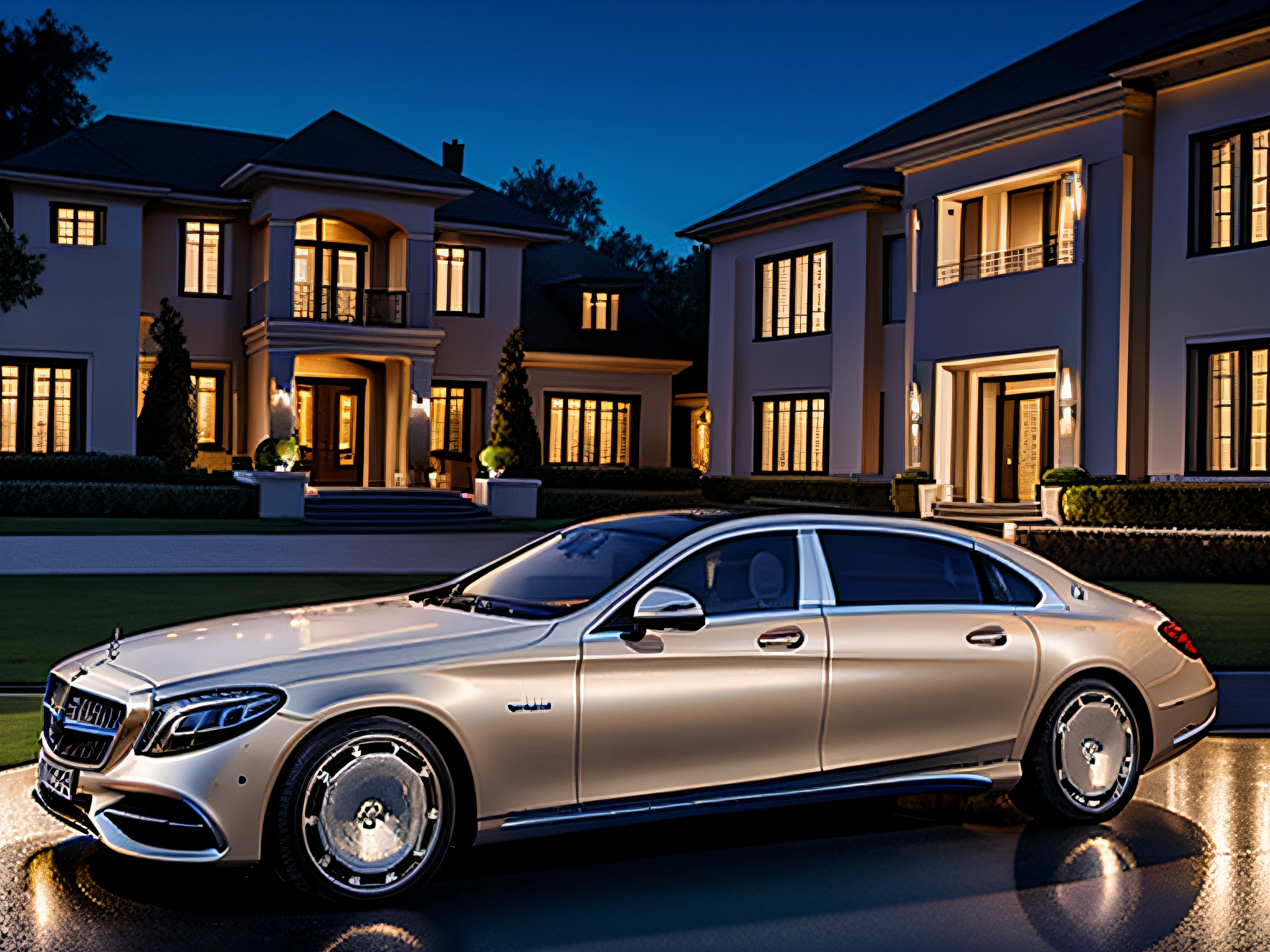 mercedes maybach next to a modern mansion driveway at night
