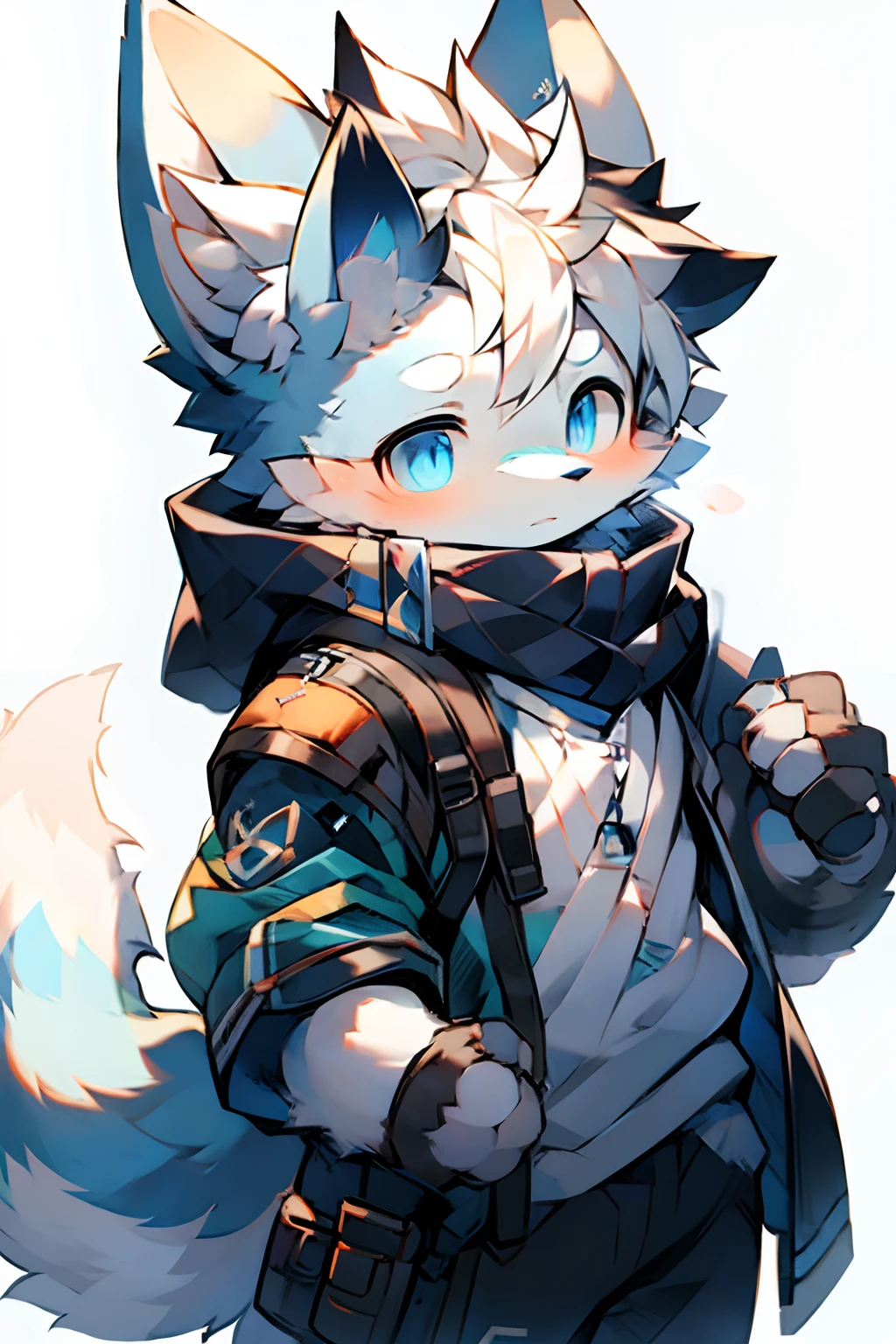 Cute boy, wolf ears, blue pupils, white hair, bust, armed, alone