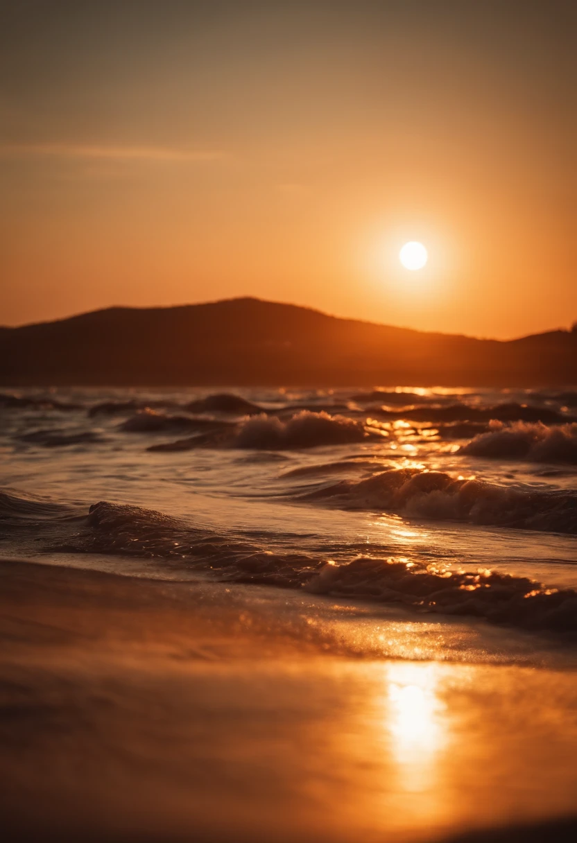 Autumn beach, With the autumn sunset, The most beautiful sunset in history,Quiet wave orange sunset