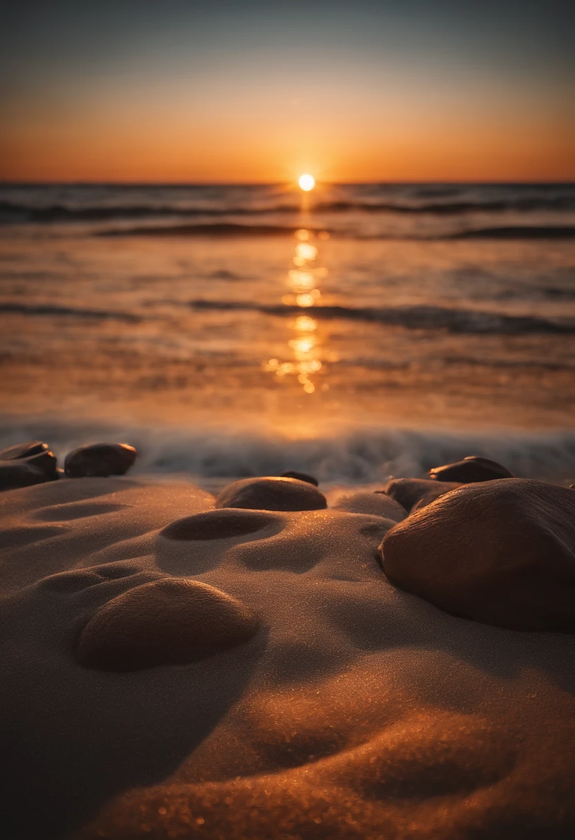 Autumn beach, With the autumn sunset, The most beautiful sunset in history,Quiet wave orange sunset