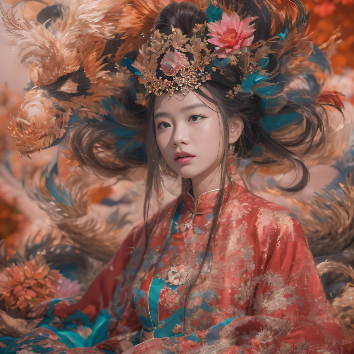 Full body 32K(tmasterpiece,k hd,hyper HD,32K)Large curls,(abstract ink splash:1.2)Flowing rouge,ponds,zydink, a color, Asian people (faeries), (Silk scarf), Combat posture, looking at the ground, Large rolls of rouge, Flowing rouge curls,Red onyx emerald emerald headdress, Chinese long-sleeved black gold garment, (abstract ink splash:1.2), Pink lotus background,Water lily flower protector(realisticlying:1.4),Rouge hair,Autumn is in full swing,The background is pure, A high resolution, the detail, RAW photogr, Sharp Re, Nikon D850 Film Stock Photo by Jefferies Lee 4 Kodak Portra 400 Camera F1.6 shots, Rich colors, ultra-realistic vivid textures, Dramatic lighting, Unreal Engine Art Station Trend, cinestir 800,Large curls,Flowing rouge