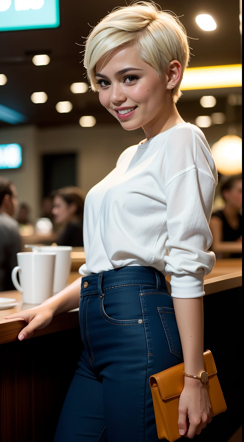 Malay girl, very short white hair, pixie cut hair, wear Artsy style outfit, laughing and posing with hand on head, touching her own head, wear handbag, from back view, windy, detail skin, age spot, detail skin texture, mole below eyes, small breast, flat chest, wide hips, small waists, thick thighs, slim abs, beautiful body, nighttime, laughing, happy, bright lighting, crowded cafe, blur background, bokeh,