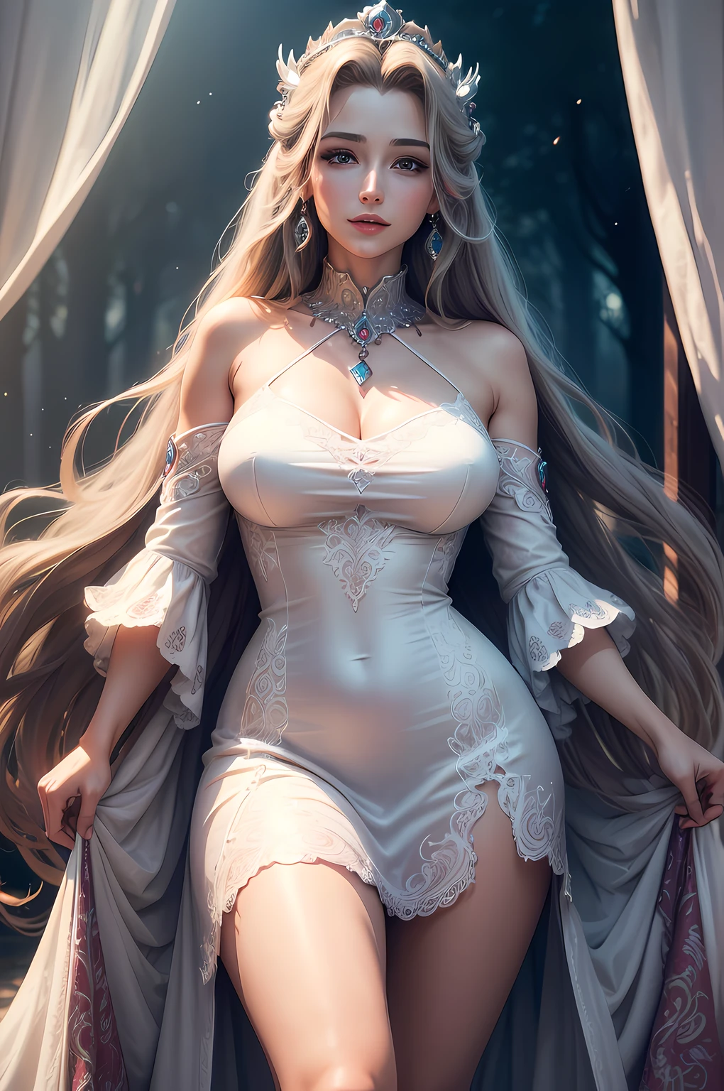 (highres, ultra-detailed, realistic:1.37), aerith, final fantasy, beautiful body, beautiful detailed eyes, detail-oriented nose, luscious red lips, long flowing grey hair, radiant smile, elegant crown, royal attire, intricate jewelry, graceful pose, enchanting expression, majestic forrest in the background, vibrant colors, soft lighting, regal atmosphere, atmospheric perspective, stunning landscape, floating clouds, magical aura, timeless beauty, intricate patterns, ethereal ambiance, striking contrast, dreamlike quality, cinematic composition, white very short dress