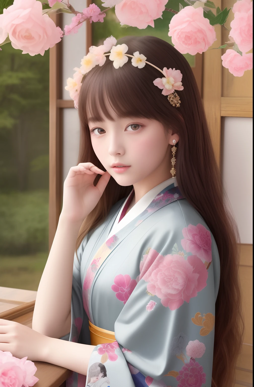 Best quality, Masterpiece, high resolution, Original, highly detailed wallpaper, Beauty 、teens girl、Real Human、Authentic、Old photos、bit girl、Japan antiquity、Heian period、Twelve vests，12 single kimono、screen、curtain
