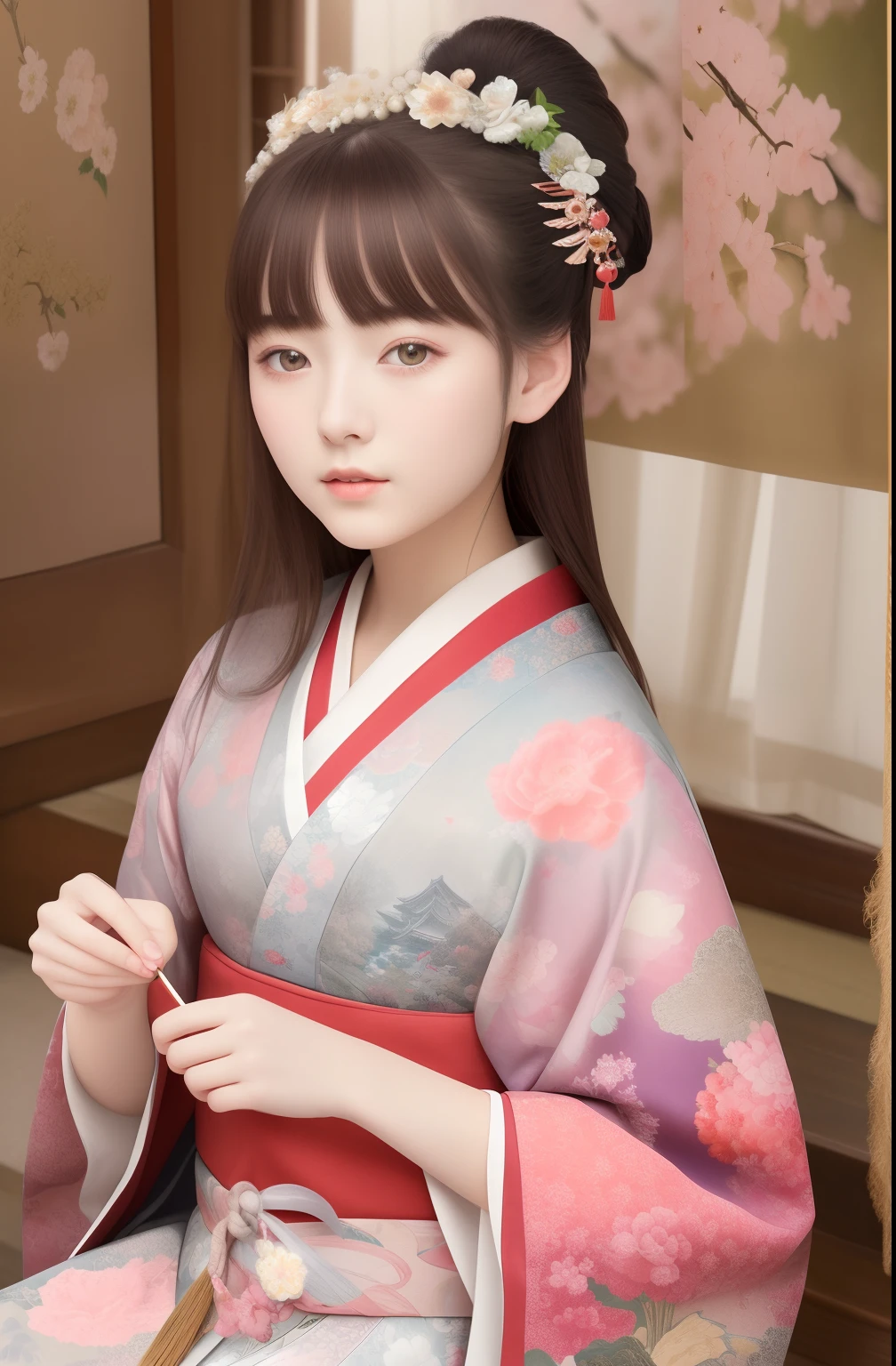 Best quality, Masterpiece, high resolution, Original, highly detailed wallpaper, Beauty 、teens girl、Real Human、Authentic、Old photos、bit girl、Japan antiquity、Heian period、Twelve vests,12 single kimono、screen、curtain