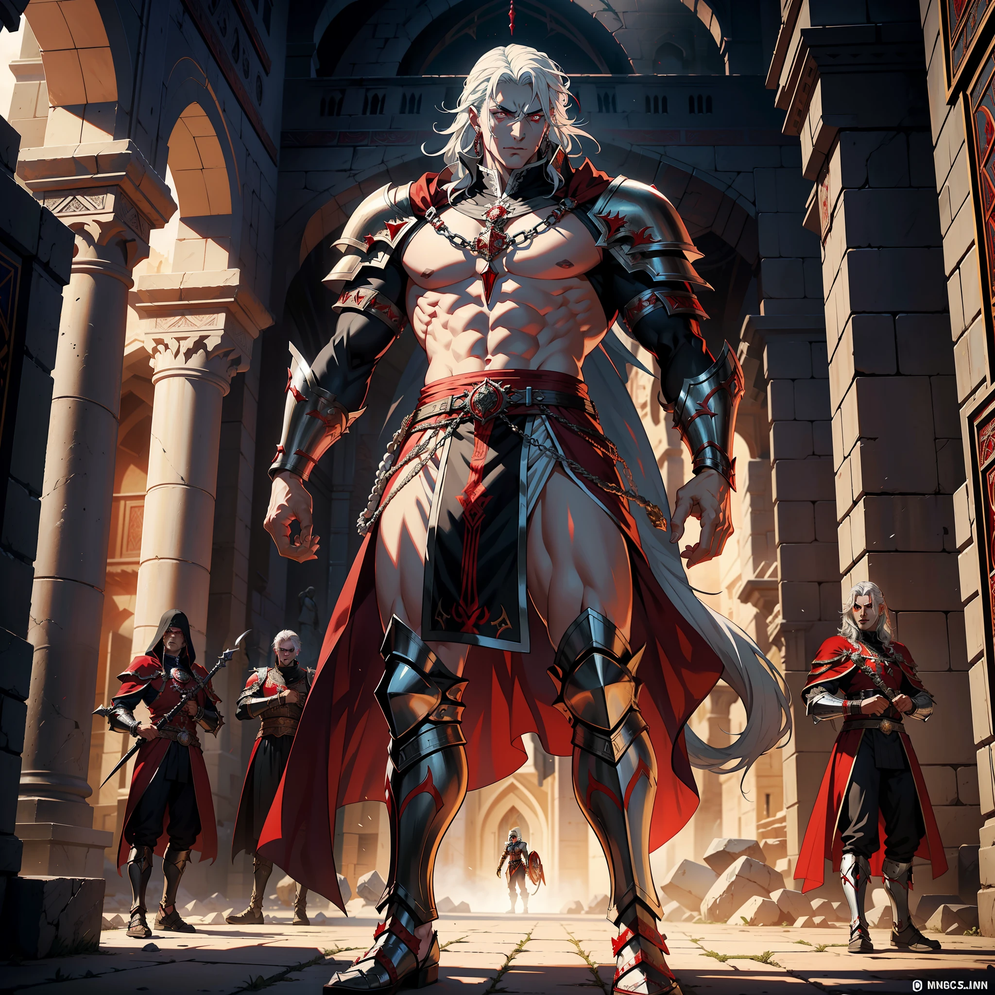 Lord Dracula white hair red eyes muscular handsome warrior night scene wearing armor Moroccan medieval Islamic Back to his Islamic castle Victorious architecture with his troops armed demon at noon hyper realistic super detailed Dynamic shot centerpiece cinematic scene scenes movie Epic Legendary correct proportions Anatomy correct poses