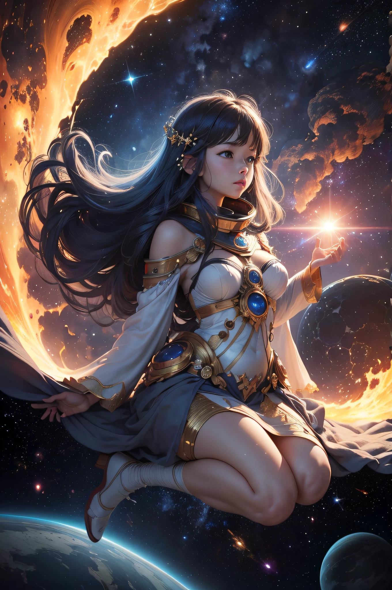 An image featuring a captivating space sorceress in an enchanting futuristic outfit, conjuring cosmic magic amidst distant stars and galaxies. The scene combines sensuality with supernatural mysticism, creating a seductive and mesmerizing presence.