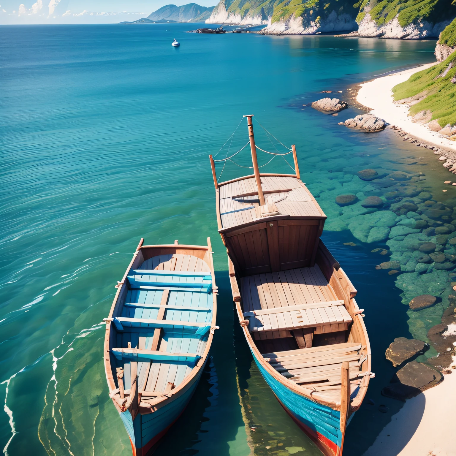 Azure calm sea. Small boats. View from above. Bright light, professional photography, sharp focus, hyper-realistic