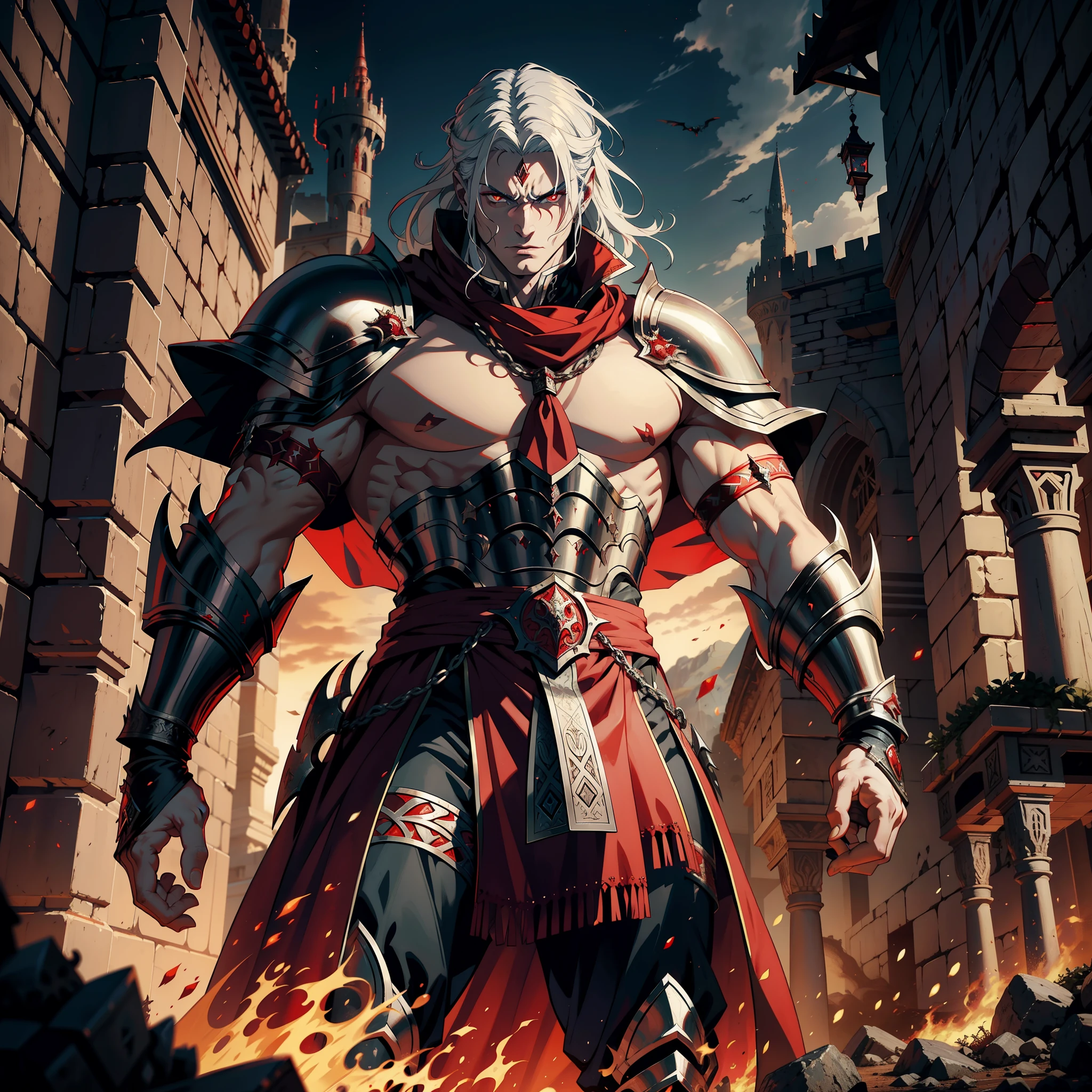 Lord Dracula white hair red eyes muscular handsome warrior night scene wearing armor Moroccan medieval Islamic Back to his Islamic castle Victorious architecture with his troops armed demon at noon hyper realistic super detailed Dynamic shot centerpiece cinematic scene scenes movie Epic Legendary correct proportions Anatomy correct poses