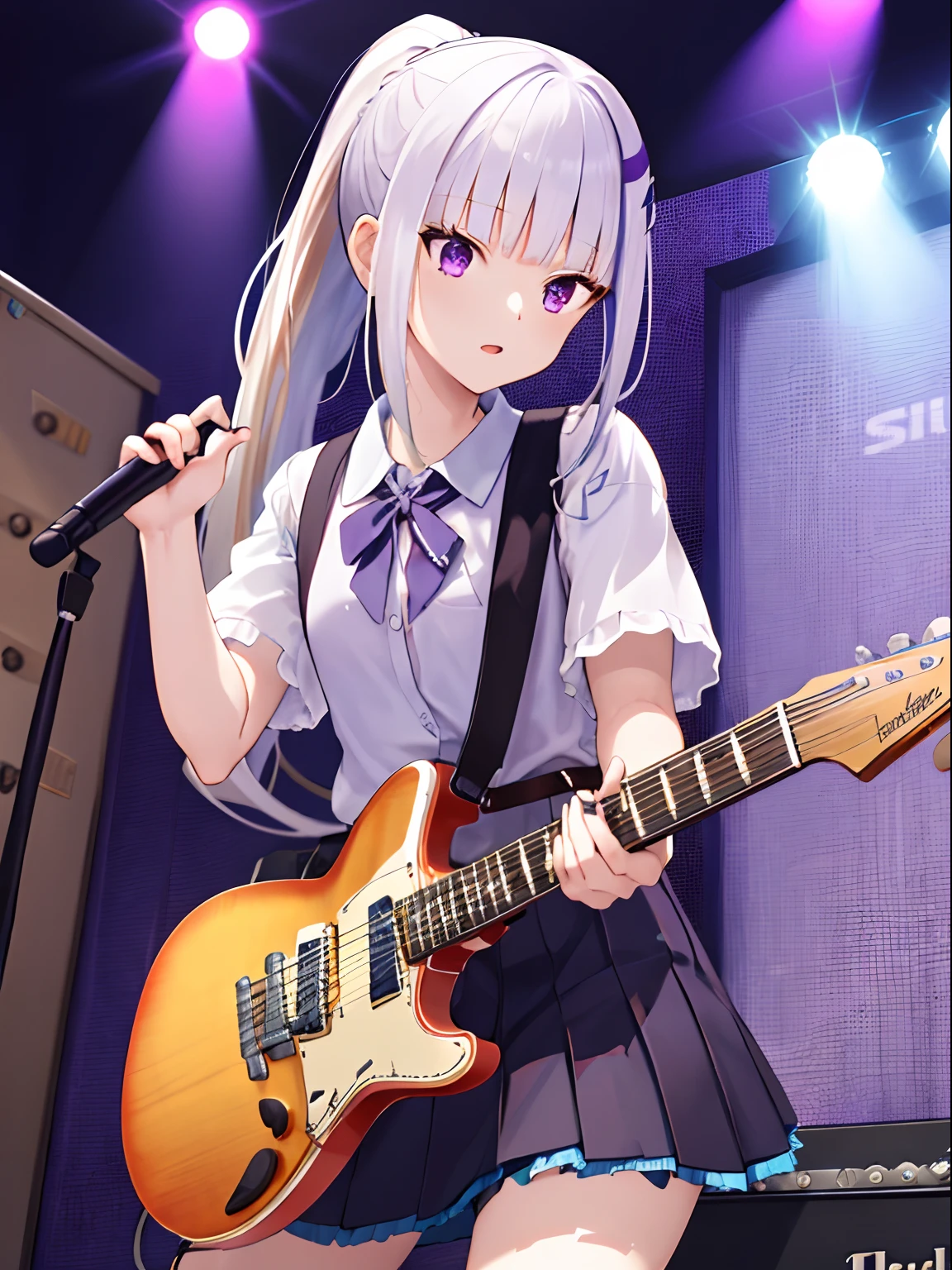 1girl, solo, black skirt, purple eyes, only five fingers, electric guitar, (guitar), holding, holding plectrum, instrument, ponytail, , music, one side up, white hair, playing guiter, pleated skirt, purple shirt, short sleeves, indoors