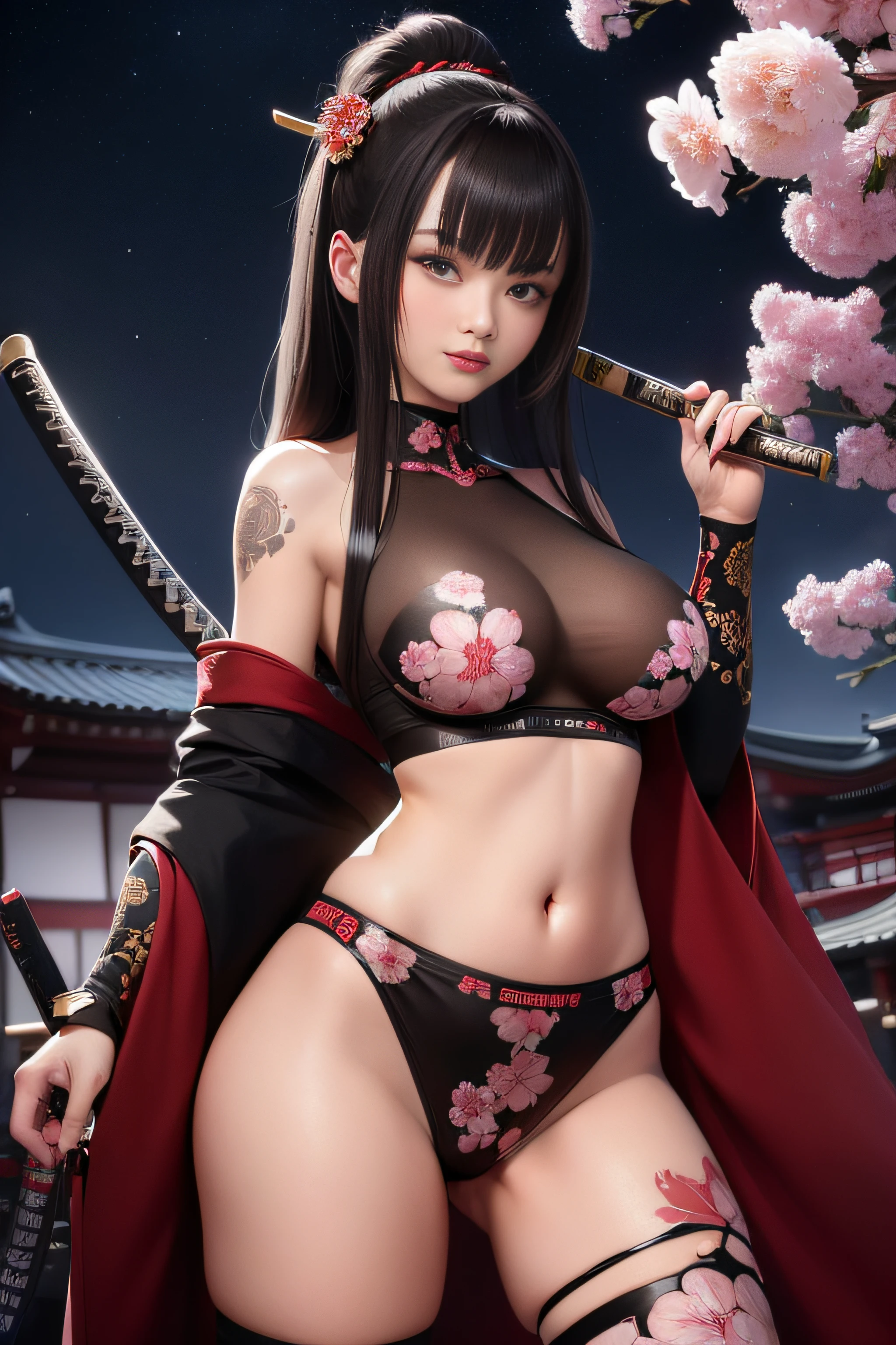 (Masterpiece, Best Quality), 8k Wallpaper, highly detailed, sexy female ronin, samurai, cherry blossom flowers border, japanese tattoos, katana, japan, night, moonlight, vector style art, erotic, movie poster style, lettering.