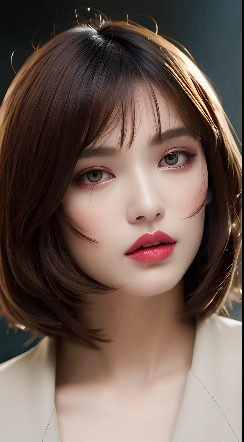 Best quality, 2024 trend makeup for Pirate female model, Two-Tier Inverted Bob Haircut, editorial fashion, street outer , transparent/translucent medium, detailed eyes, plump lips, hyper resolution