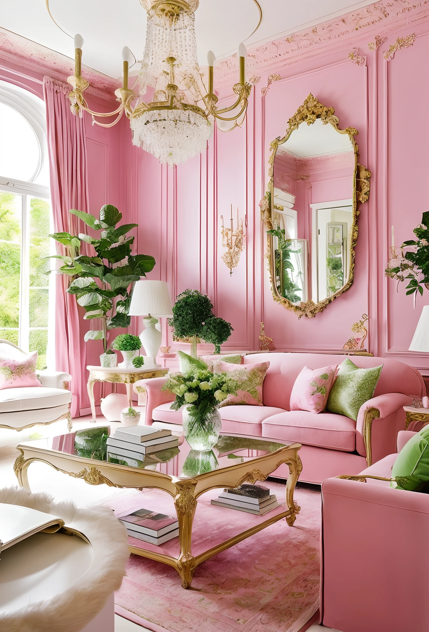 European-style living room, interior decoration details,pink walls, many green plants decoration design drawing --v 6