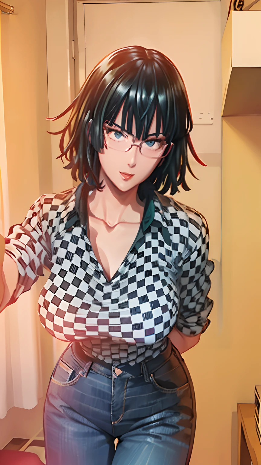 Girl, smile, red lips, big nose, big tits, shorts hair, glasses, red glasses colors, necklace, checkered patterned shirt
, Levi's trousers, sexy body, sexy pose, stand pose, view facing the camera, view facing forward
, beautiful girl, in room, realistic