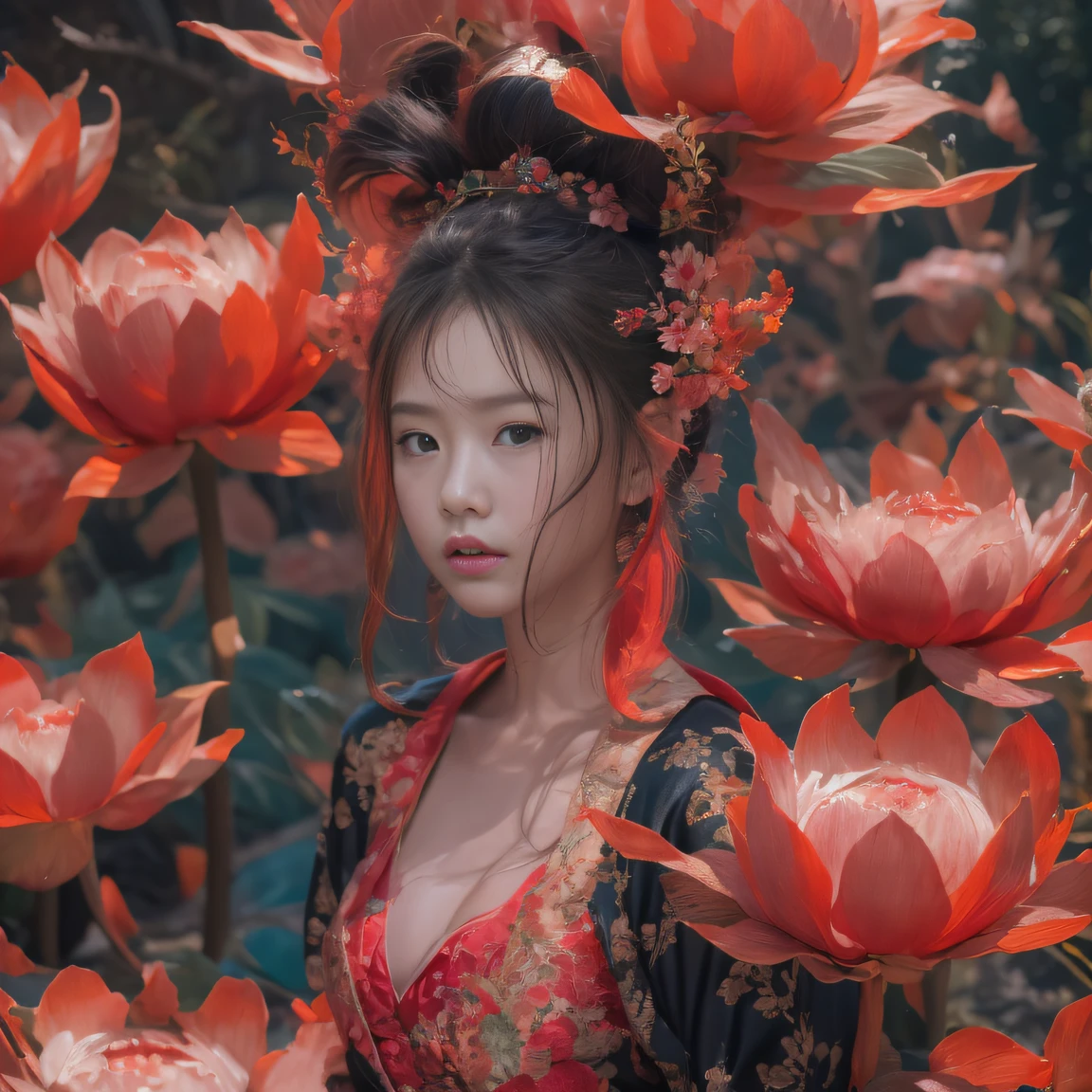 Full body Black hair 32K(tmasterpiece,k hd,hyper HD,32K)Large curls,(abstract ink splash:1.2)Flowing rouge,ponds,zydink, a color, Asian people (faeries), (Silk scarf), Combat posture, looking at the ground, Large rolls of rouge, Flowing rouge curls,Red onyx emerald emerald headdress, Chinese long-sleeved black gold garment, (abstract ink splash:1.2), Pink lotus background,Water lily flower protector(realisticlying:1.4),Rouge hair,Autumn is in full swing,The background is pure, A high resolution, the detail, RAW photogr, Sharp Re, Nikon D850 Film Stock Photo by Jefferies Lee 4 Kodak Portra 400 Camera F1.6 shots, Rich colors, ultra-realistic vivid textures, Dramatic lighting, Unreal Engine Art Station Trend, cinestir 800,Large curls,Flowing rouge