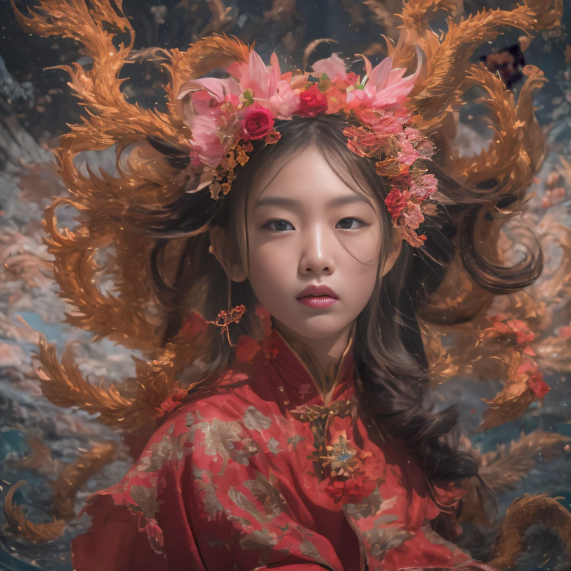 Full body Black hair 32K（tmasterpiece，k hd，hyper HD，32K）Large curls，（abstract ink splash：1.2）Flowing rouge，ponds，zydink， a color，  Asian people （faeries）， （Silk scarf）， Combat posture， looking at the ground， Large rolls of rouge， Flowing rouge curls，Red onyx emerald emerald headdress， Chinese long-sleeved black gold garment， （abstract ink splash：1.2）， Pink lotus background，Water lily flower protector（realisticlying：1.4），Rouge hair，Autumn is in full swing，The background is pure， A high resolution， the detail， RAW photogr， Sharp Re， Nikon D850 Film Stock Photo by Jefferies Lee 4 Kodak Portra 400 Camera F1.6 shots, Rich colors, ultra-realistic vivid textures, Dramatic lighting, Unreal Engine Art Station Trend, cinestir 800，Large curls，Flowing rouge
