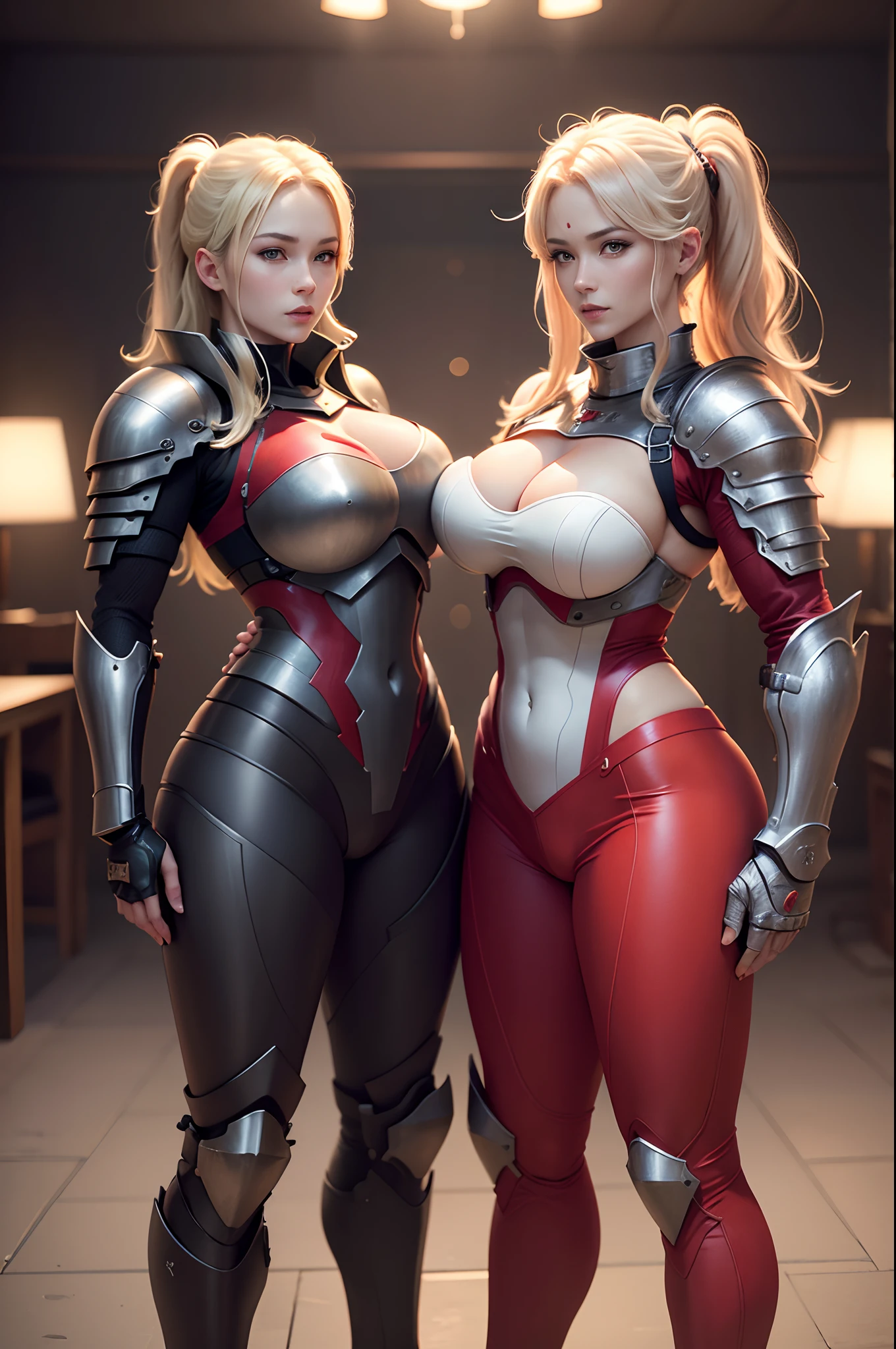 Beautiful mature blonde twin-tailed female knight on all fours、Metal chest armor painted pure white、Blue pants and leg armor　((Muscular and macho slim body and slim lower body))、Carrying a large sword at the waist　A smile　large full breasts　enticing　Emphasizes cleavage　A sexy　Photorealsitic、a picture、​masterpiece、reallistic、真实感、photorealisim、High contrast、Photorealistic Art Station Trend Digital Art 8k HD High Resolution Explanation Real, detaileds, Skin Texture, ultra-detailliert, realistic skin textures, armature, top-quality, 超A high resolution, (Photorealsitic:1.4),, hight resolution, detaileds, Raw foto, Sharp Re, Nikon D850 Film Stock Photo by Lee Jefferies 4 Kodak Portra 400 Camera F1.6 lenses rich colors hyper realistic lifelike textures dramatic lighting unreal engine artstation trends synestil 800,５Precision details of beautiful hands with fingers