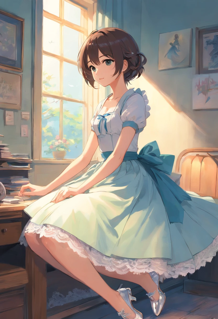 “You are making a tremendous mistake,” I said, and tried to kick off the shoes, but they wouldn’t budge--it was like some force had bonded them onto my feet. I reached behind my back to find the corset-laces--the tightening had finally stopped as I floated back to the floor--but the breezes tugged at my arms, finally forcing them above my head. This was to make room for the cage-crinoline that dropped onto me, and the layers of white satin petticoats that followed it.  The silver shoes disappeared under the satin and lace and flounces, and I found myself surrounded by skirts so wide I thought I could rest my elbows on them--once I could lower my arms again. In another moment I was proven correct; the layers of petticoats were surmounted by another framework of whalebone which stretched horizontally from my now-miniscule waist, and I found I could lower my arms--and indeed, rest them on the skirt. It was no use trying to take the clothing off now--even if I could move my arms on my own, I couldn’t begin to find my way out of the layers of complicated undergarments I wore.