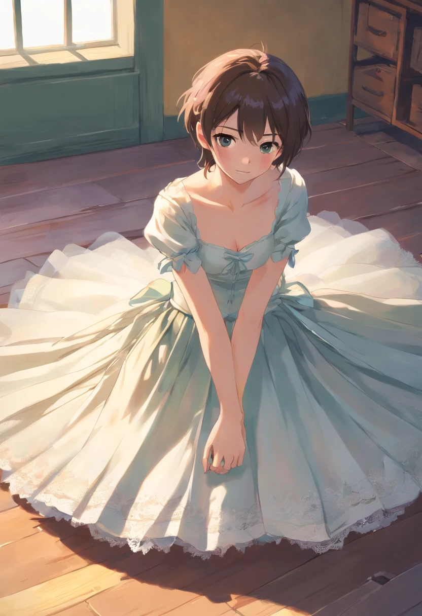 “You are making a tremendous mistake,” I said, and tried to kick off the shoes, but they wouldn’t budge--it was like some force had bonded them onto my feet. I reached behind my back to find the corset-laces--the tightening had finally stopped as I floated back to the floor--but the breezes tugged at my arms, finally forcing them above my head. This was to make room for the cage-crinoline that dropped onto me, and the layers of white satin petticoats that followed it.  The silver shoes disappeared under the satin and lace and flounces, and I found myself surrounded by skirts so wide I thought I could rest my elbows on them--once I could lower my arms again. In another moment I was proven correct; the layers of petticoats were surmounted by another framework of whalebone which stretched horizontally from my now-miniscule waist, and I found I could lower my arms--and indeed, rest them on the skirt. It was no use trying to take the clothing off now--even if I could move my arms on my own, I couldn’t begin to find my way out of the layers of complicated undergarments I wore.
