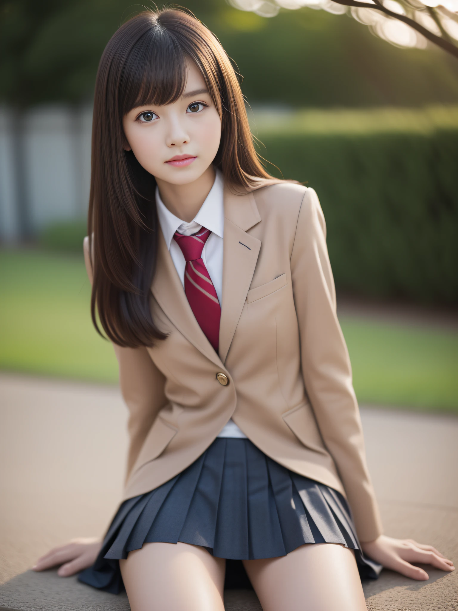 1ung girls, Extremely beautiful, (Extremely cute), (extremely detailed beautiful face), Amazing face and eyes, dark brown hair, Brown eyes, drooing eyes、no-makeup、(High School Uniform, Long Sleeve Blazer、Pleated mini-skirt:1.3), (high-school uniform:1.2), , (Best Quality:1.4), (Ultra-detailed), extremely detailed CG unified 8k wallpaper, A hyper-realistic, (Photorealsitic:1.3), RAW Photos, professional photograpy, Cinematic lighting, Realistic portrait, Sitting, (Spread your legs wide), (:1.3), ((Bokeh)), depth of fields, View from below、Looking here、outside of house