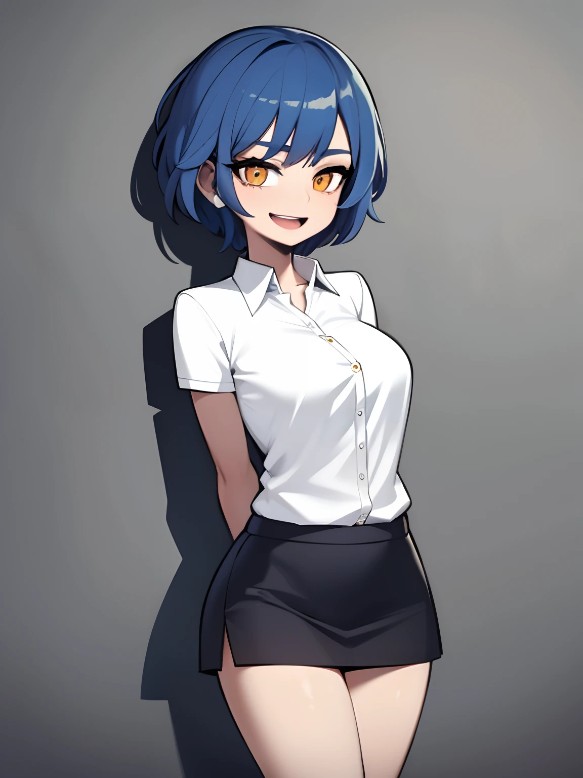 ((masterpiece, best quality)), (1girl), (solo), (female focus), (blue hair, short hair), orange eyes, light smile, smirk, ((white tight shirt), (buttoned shirt), (button gap)), ((black skirt), (short skirt)), standing, white background, arms behind back, dynamic angle, Bewitching thighs