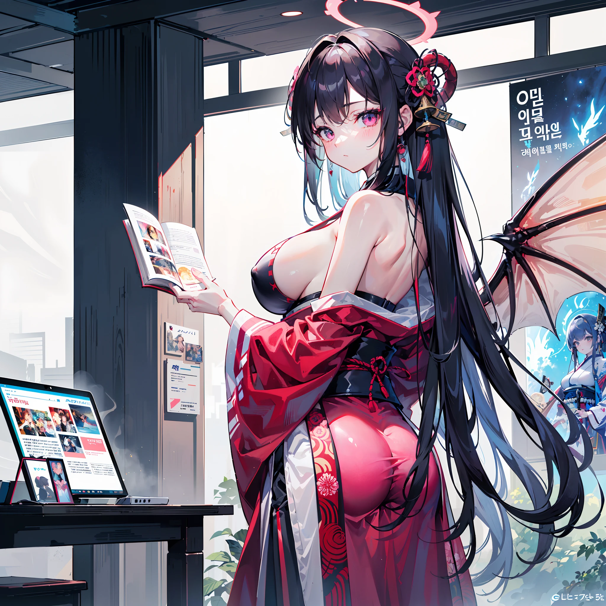 ((Aim for a《momotarou》The protagonist of this story acts as a character based on the design of the book:1.3)),(In terms of clothing design, It refers to the Japanese ronin samurai,Wear a magenta haori coat:1.3),(There is a pink halo on the back of the head:1.3),Looks tall,(On the back there is a pair of dragon wings:1.4),Game booth art，character close up,1girll,Solo,Korea,Huge breasts,(Height:179 cm),s girl