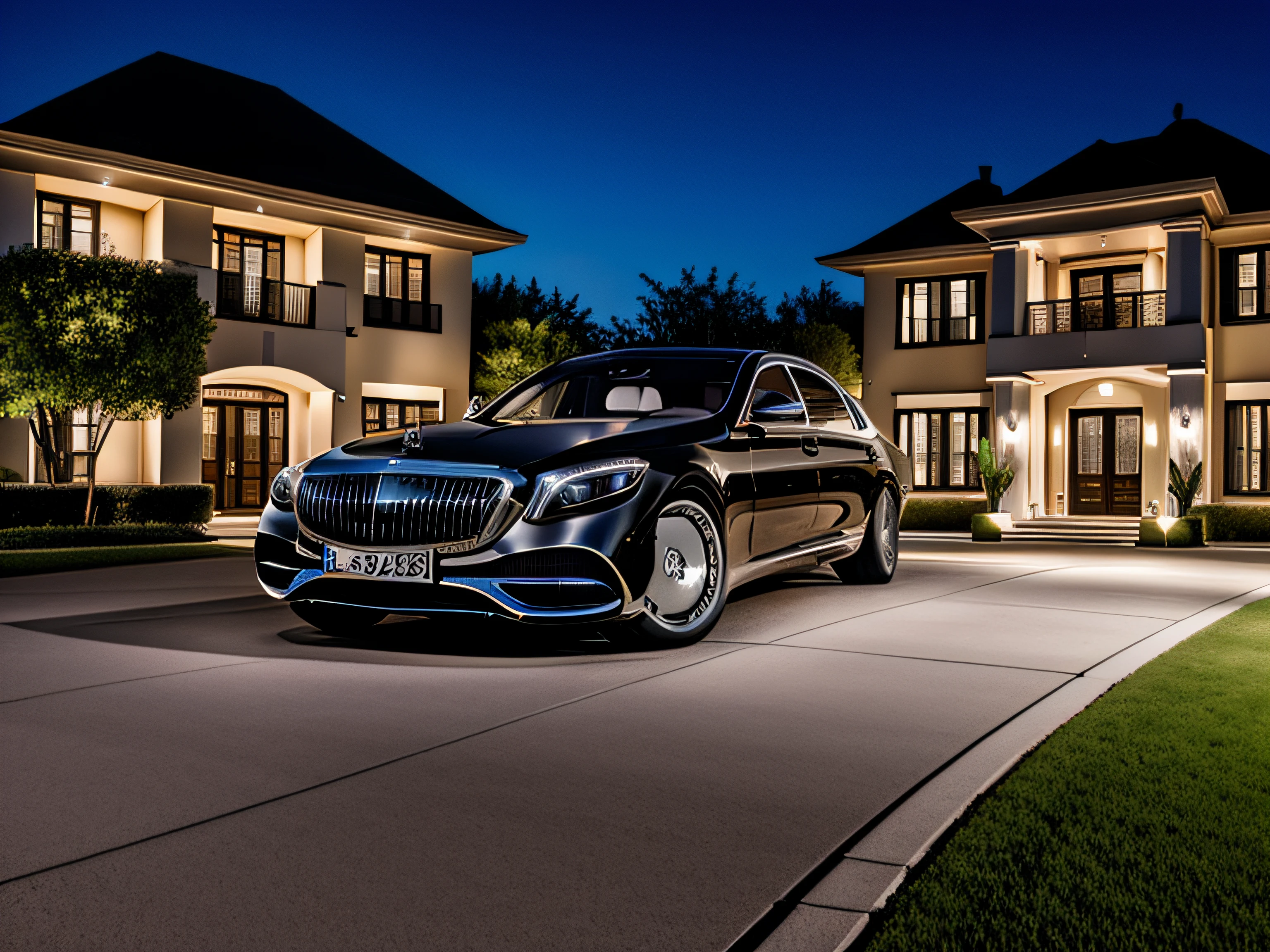 mercedes maybach next to a modern mansion driveway at night