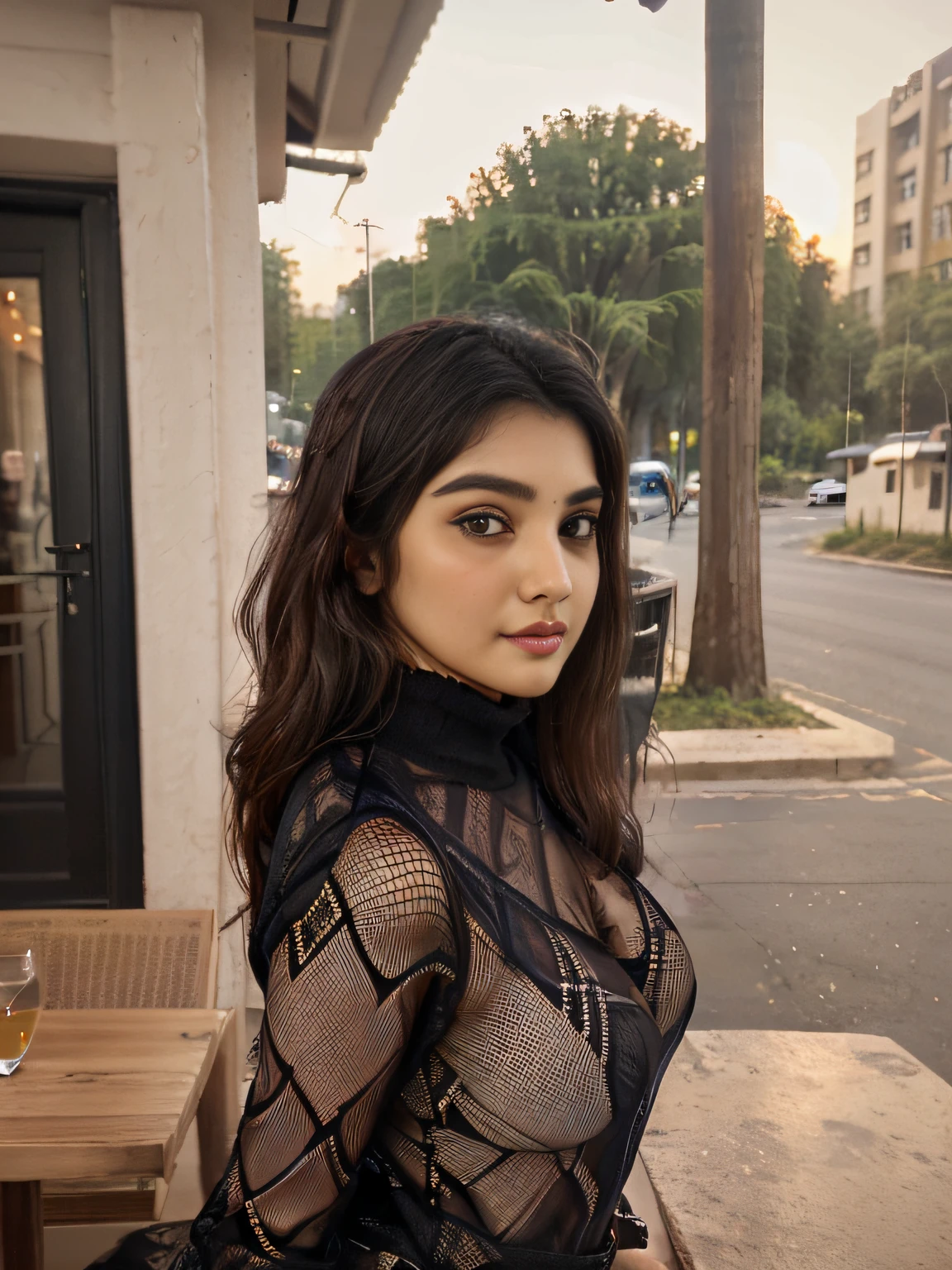 Raw photo, realistic,girl,Indian girl,age 22, full body,pale skin,petite body, beautiful face, detailed face,black fishnet sweater dress,big boobs, big breasts, upper body, sitting, cowboy shot, outdoor, night, restaurant, ((looking at viewer:1.4)),((face towards me)), from below,side profile