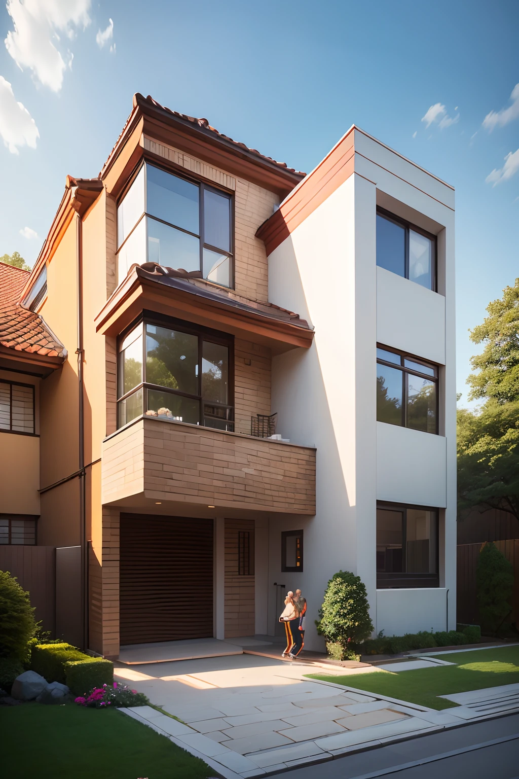 a cool two-storey brick penhaos with a cool facade, a sporty bikomi, a Ferrari, a sakura, a garden, and there's a family dining at a table in the garden with a perfect blonde standing next to them.