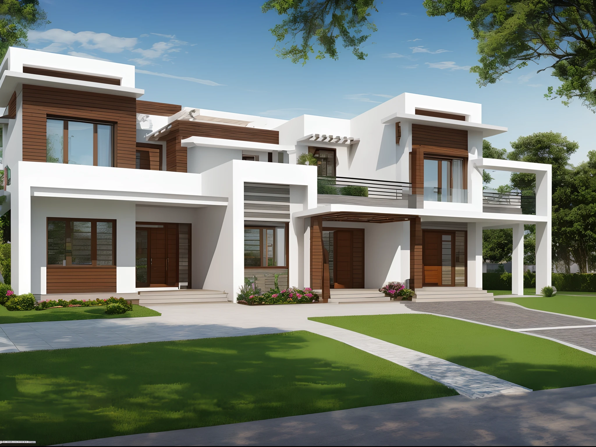 a drawing of a small house with slope roof, (brightenness:1.3), (morden:1.3)), (road:1.3), large space infront of, detail flower front perspective, frontview, perspective view, wide frontal view, front view, front-view, rendering, elevation view, front elevation view, all white render, sketch - up, frontal view, symmetrical front view, front facing view, front elevation, 3/4 front view, front side view,"A picture showcasing a captivating modern villa, featuring an expansive and well-ventilated yard adorned with vibrant flowers and flourishing trees."(RAW photo), highest quality, (masterpiece:1.2), High detail RAW color photo, extremely detailed CG unity 8k wallpaper, (photo realism:1.4), (highres), hyperdetailed, (photorealistic:1.2), (best quality:1.3),perfect anatomy, (exterior), model villa, super realistic , 32k