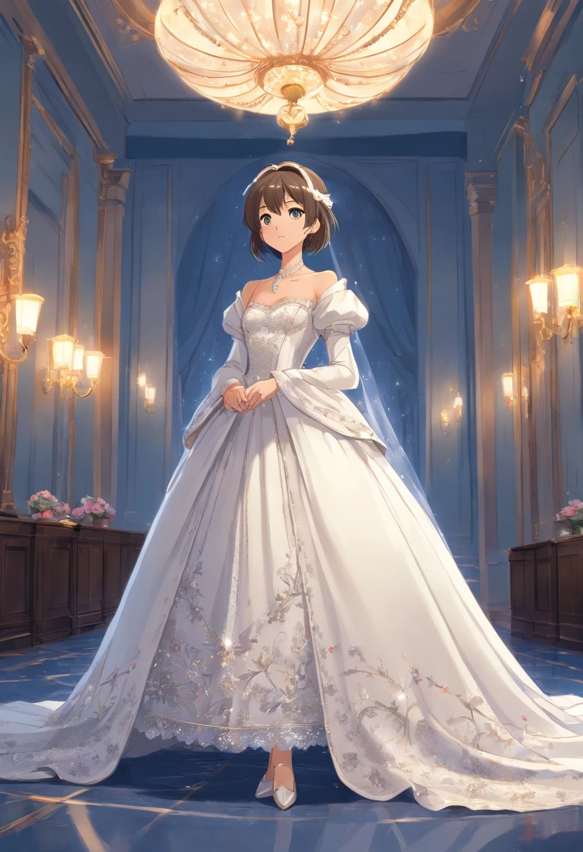 There was a stillness in the air just then--as though the breeze that was dressing me was contemplating its next move. Then the row of gowns floating in the air before me divided in the middle, and a dress more magnificent than any of the others floated through the gap. It was made of pure white velvet--whiter and brighter than the marble walls and the carpet of the room. The fabric gleamed even brighter because of the silver embroidery that was sewn everywhere on it--more roses, thistles, and fleurs-de-lis, the silver sparkling nearly as white as the velvet. Silver lace trimmed the neckline and the puffed sleeves, and the massive skirts were adorned with bows and draperies of silver tissue, the delicate fabric floating above the heavy velvet and glittering with the tiny diamonds that were sewn onto it. Diamonds sparkled from the silver lace, and gleamed from the silver embroidery. Pearls were swagged and draped across the neckline, the waistline, and all around the enormous velvet overskirt. It was a dress that would make the vainest princess gasp, a gown unsurpassed in its splendour...and as I watched, it began to float toward me.