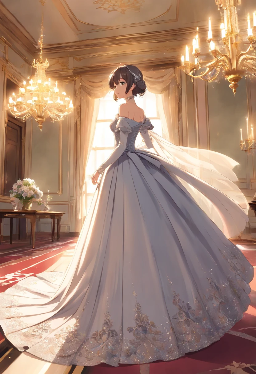 There was a stillness in the air just then--as though the breeze that was dressing me was contemplating its next move. Then the row of gowns floating in the air before me divided in the middle, and a dress more magnificent than any of the others floated through the gap. It was made of pure white velvet--whiter and brighter than the marble walls and the carpet of the room. The fabric gleamed even brighter because of the silver embroidery that was sewn everywhere on it--more roses, thistles, and fleurs-de-lis, the silver sparkling nearly as white as the velvet. Silver lace trimmed the neckline and the puffed sleeves, and the massive skirts were adorned with bows and draperies of silver tissue, the delicate fabric floating above the heavy velvet and glittering with the tiny diamonds that were sewn onto it. Diamonds sparkled from the silver lace, and gleamed from the silver embroidery. Pearls were swagged and draped across the neckline, the waistline, and all around the enormous velvet overskirt. It was a dress that would make the vainest princess gasp, a gown unsurpassed in its splendour...and as I watched, it began to float toward me.