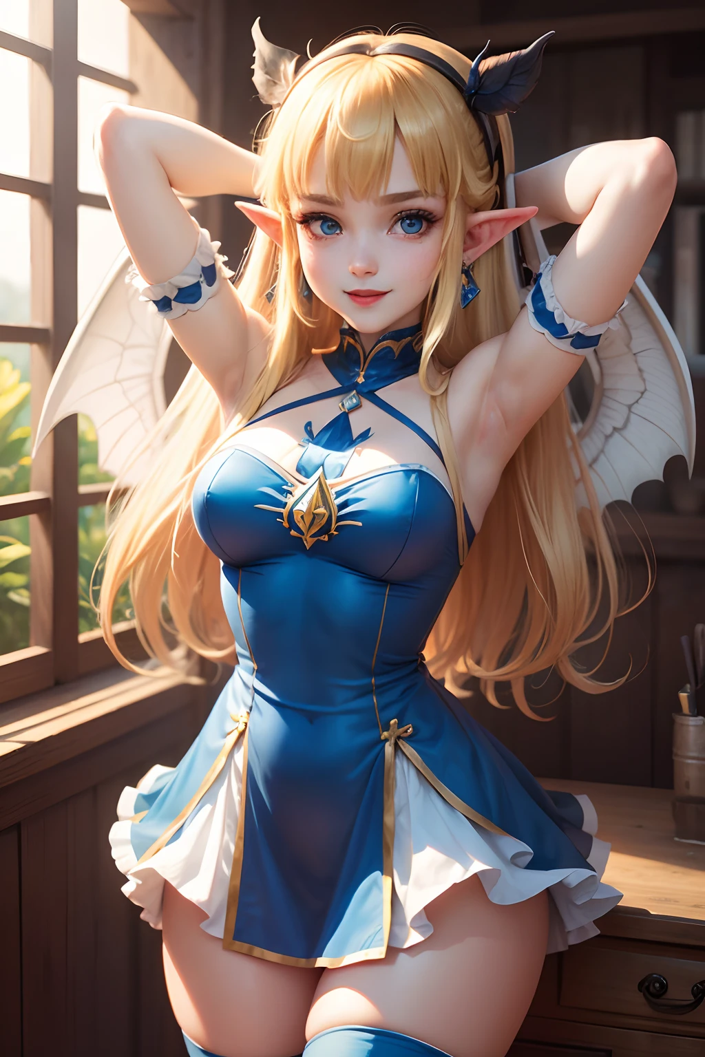 8k, hight_quality, best quality, zelda(princess), succubus, armpits, two_wings, pre__12_yearld,e_blond_hairband, 1girl, blue_eyes, (loli_girl), bilegs, large_socks_thighs, shotrs_dress, big_hips, stand_up, smile_red_lips.