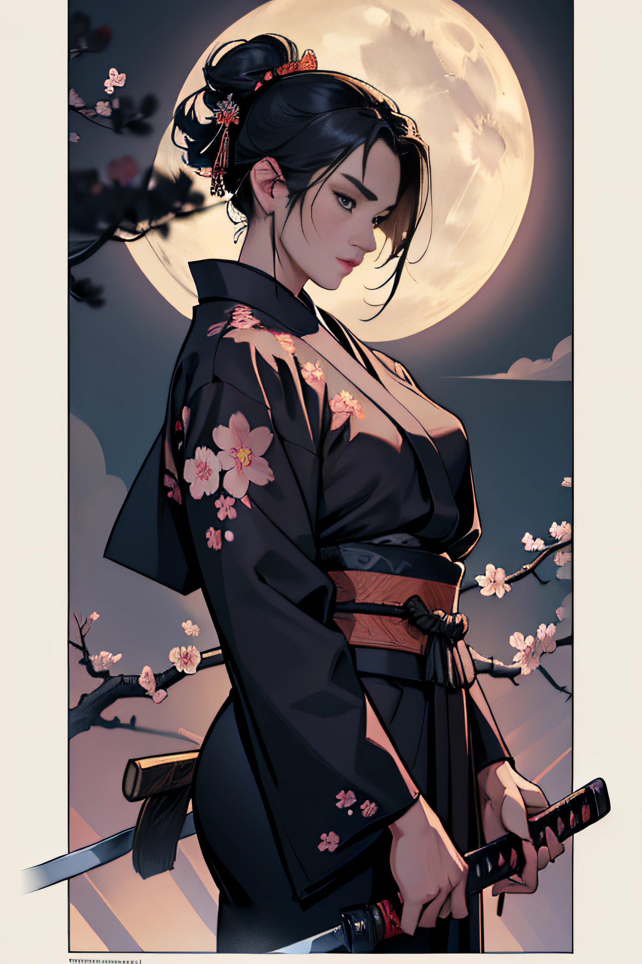 (Masterpiece, Best Quality), 8k Wallpaper, highly detailed, sexy female ronin, samurai, cherry blossom flowers border, japanese tattoos, katana, japan, night, moonlight, vector style art, erotic, movie poster style, lettering.